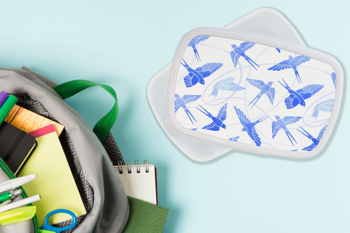 MuchoWow Lunchbox Muster - Kinder Blau Brotdose, Erwachsene, Mädchen Kunststoff, für Jungs (2-tlg), weiß - und Vogel, für Brotbox und