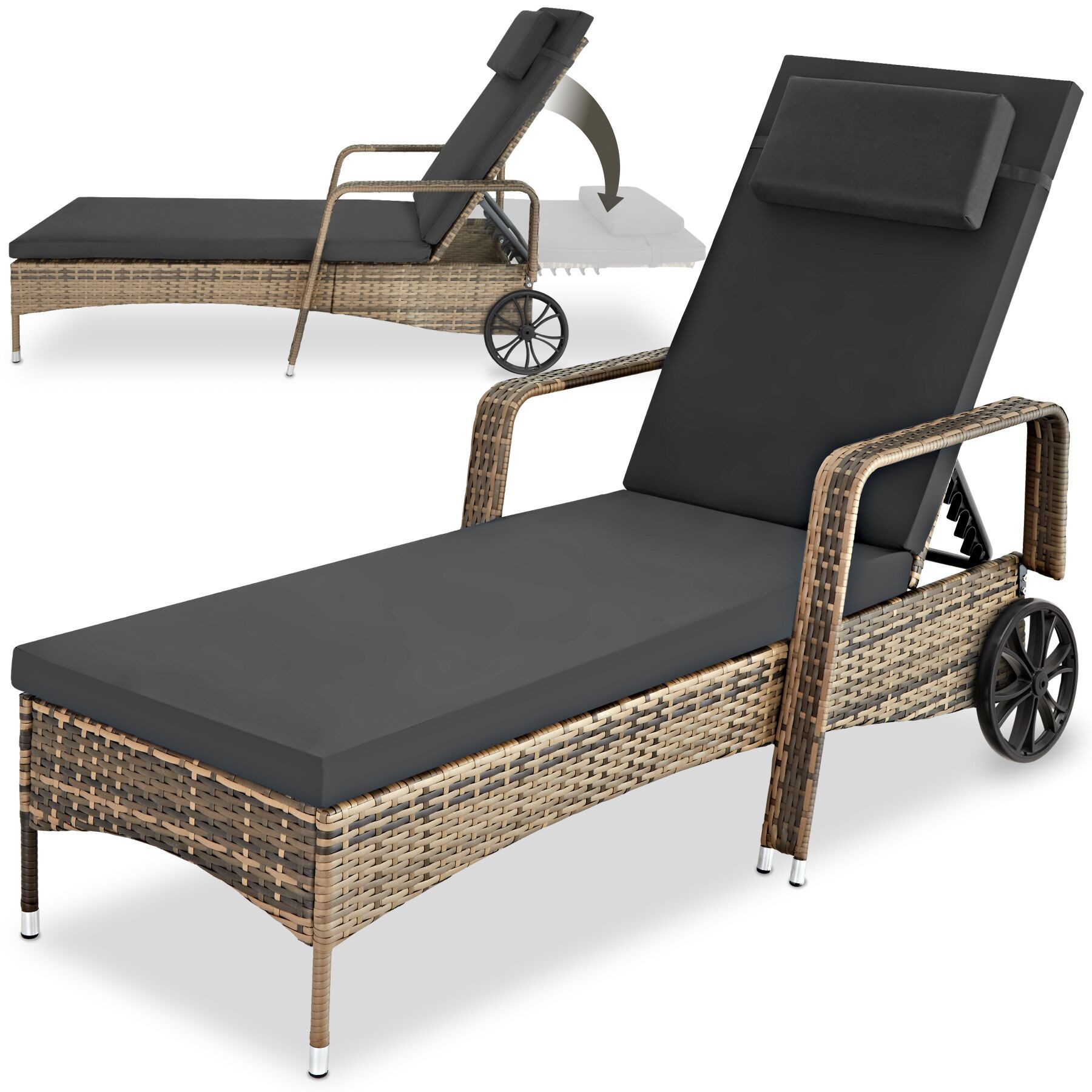 tectake Gartenliege Rattan Sonnenliege mit Rädern, abnehmbares Kopfkissen, 200 x 70 x, Liegestuhl, 1 St., in natur/dunkelgrau, widerstandsfähig, UV-beständig, 6-fach verstellbare Rückenlehne