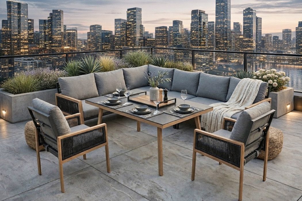 Gardissimo Gartenlounge-Set Neapel Dining Eck Lounge Set Aluminium in Holz Optik, (Spar-Set, 4-tlg., komplett Set), wetterfest / langlebig / pflegeleicht