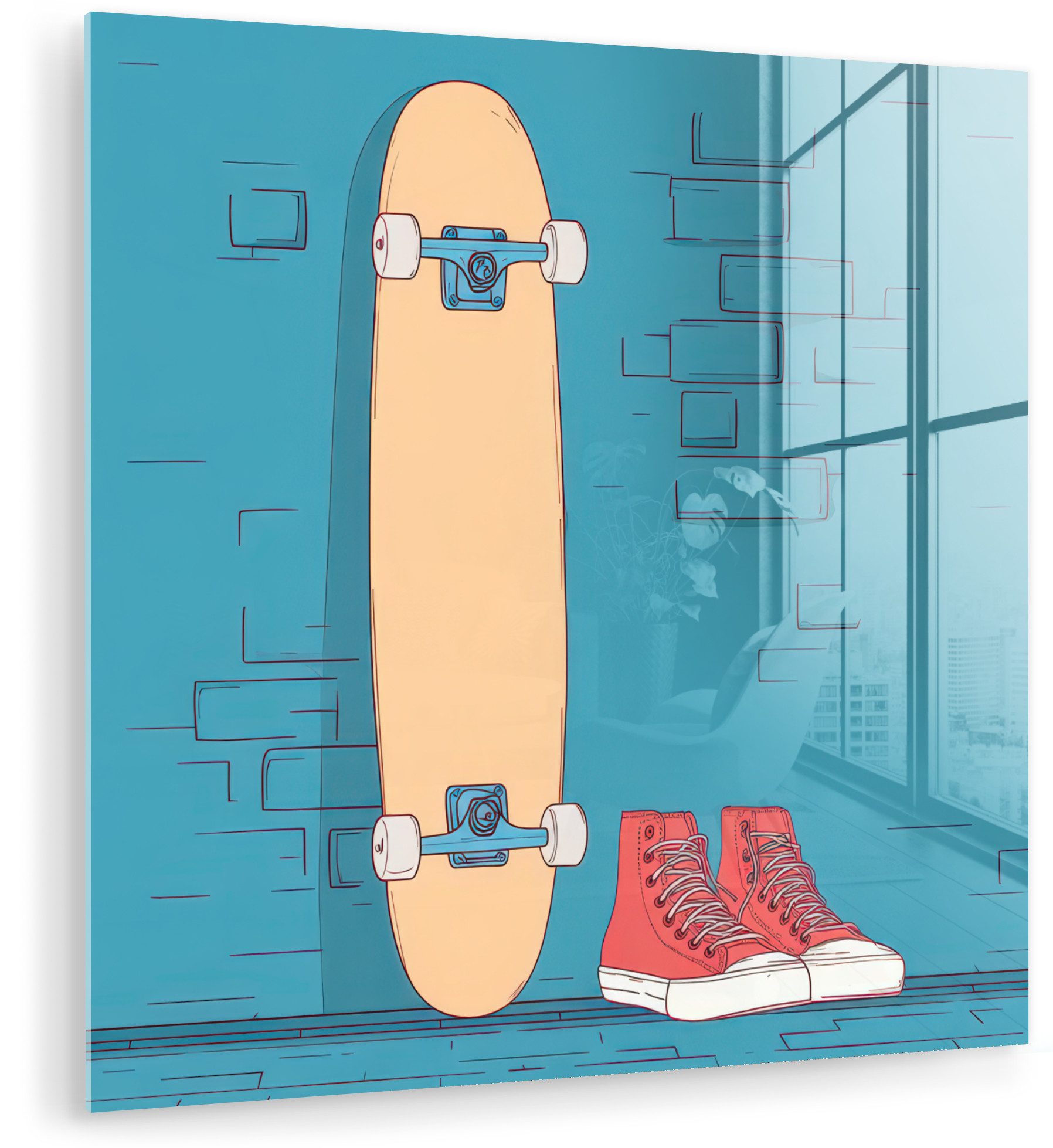 MuchoWow Acrylglasbild Skateboard - Gymnastikschuhe - Rot - Minimalistisch, Inkl. Aufhängung, Dekorative Bild für Küche & Wohnzimmer auf Glas, 90x90 cm