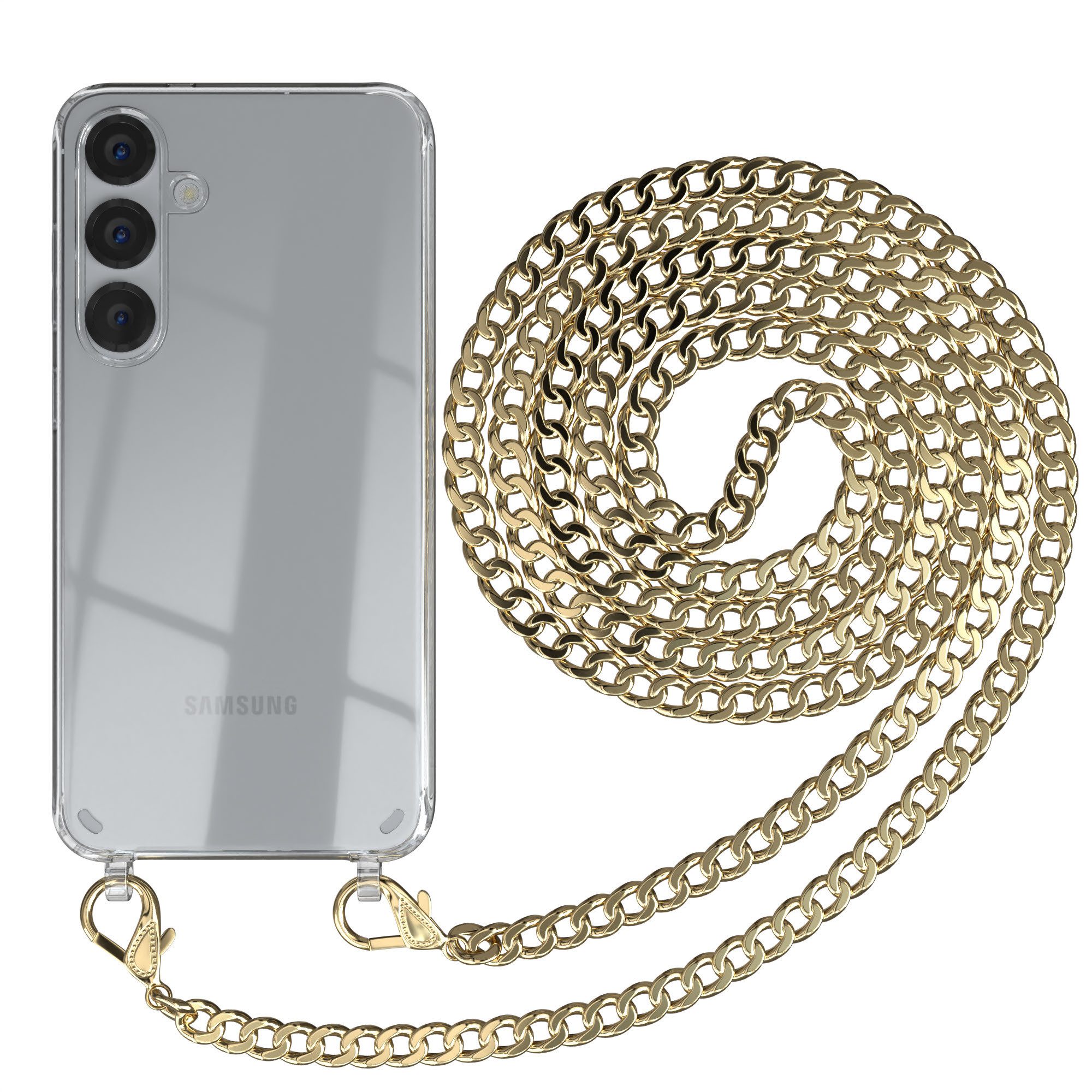 EAZY CASE Handykette Hülle mit Kette für Samsung Galaxy S25 Plus 6,7 Zoll, Hülle mit Band Silikonhülle durchsichtig Necklace Cover Slimcover Gold