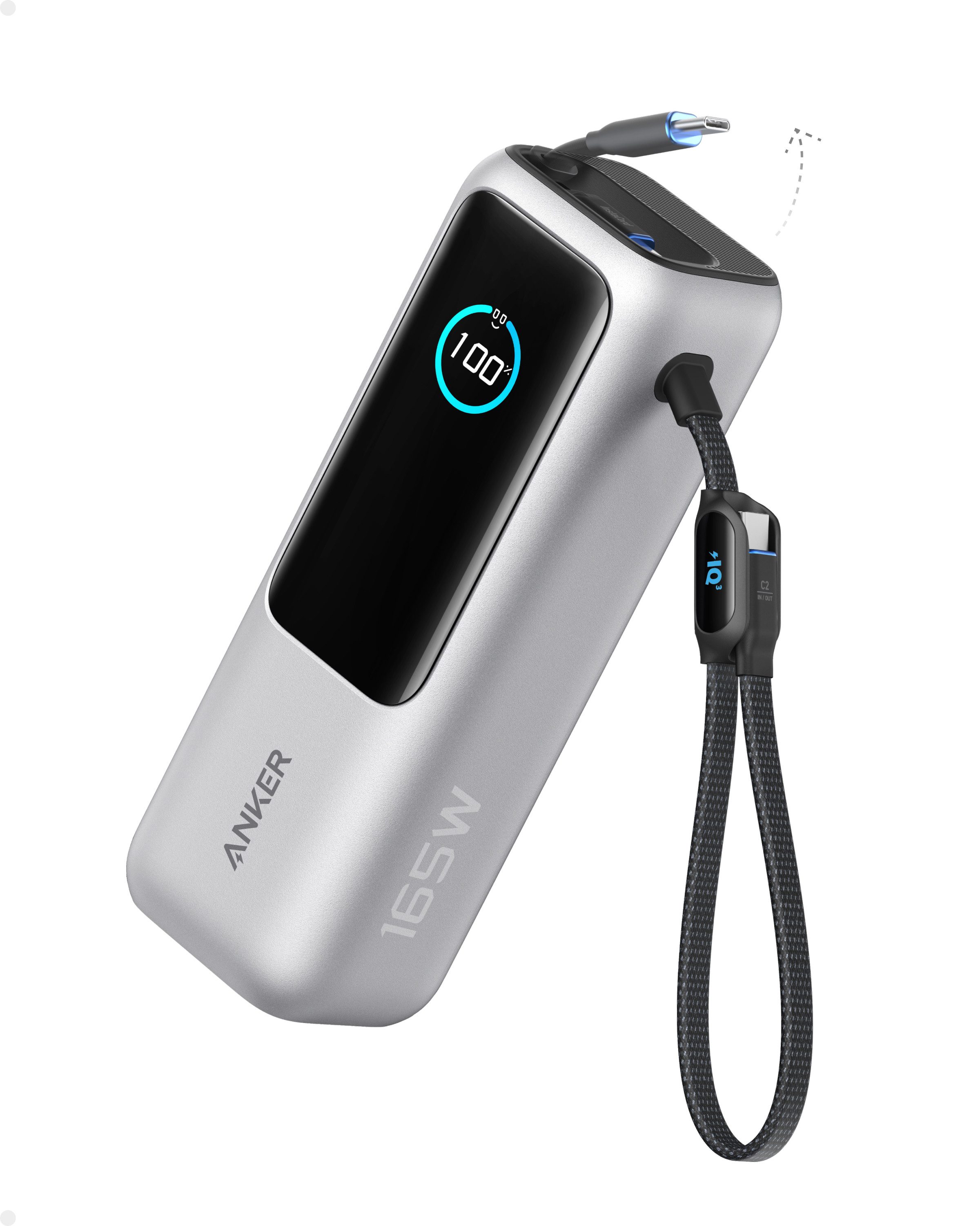 Anker Anker 165W 25000 mAh Laptop Powerbank Ladegerät mit 70cm ausziehbarem Kabel & Trageband, 3 USB-C Ports für Laden mehrerer Geräte 25000 mAh (5 V), Für MacBook Pro, iPhone 17/16/15, Samsung und mehr (flugzeugtauglich)