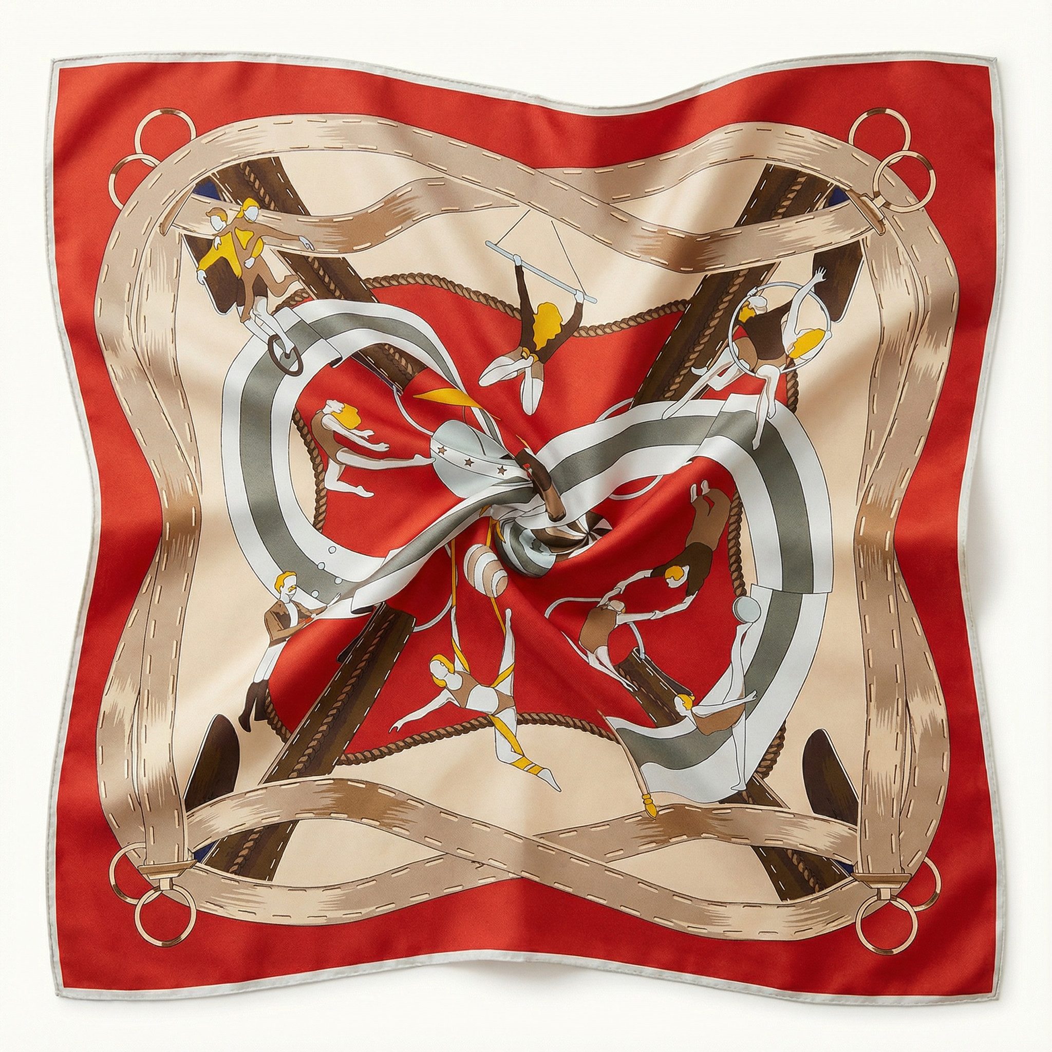 Kleelein Seidentuch Seidentuch 90x90 cm für Damen mit Akrobatik Reiter-Motiven rostrot, (1-teilig), 100% Maulbeerseide, Vintage-Zirkus-Motiv, Luxuriöses Material