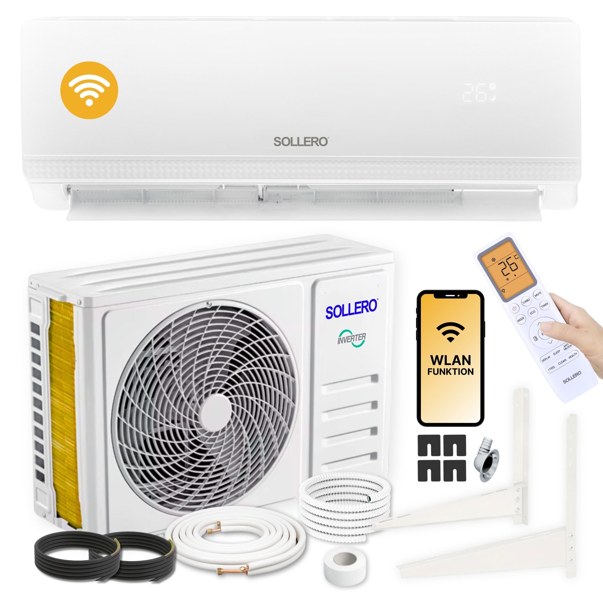 Sollero Split-Klimagerät Inverter Split Klimaanlage 12000BTU R32 3,5kW 2in1 Kühlen und Heizen, mit WiFi/App Funktion, Fernbedienung, Timer, inkl. Montagematerial