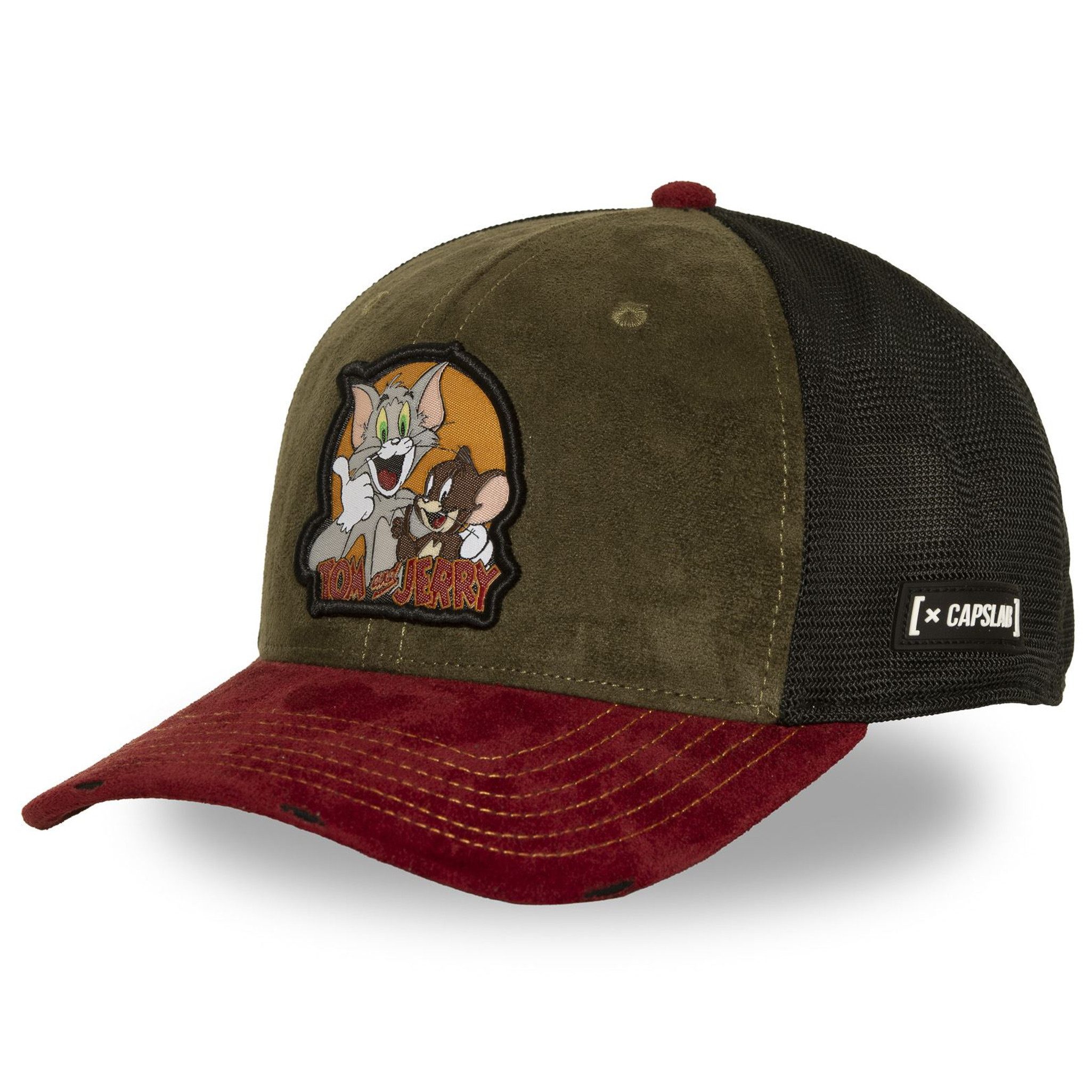 Capslab Trucker Cap CAPSLAB Trucker Cap - Premium Suede Patch TOM AND JERRY Olive (Basecap, Basecap, Meshcap, Trucker Kappe) Wildleder-Optik
