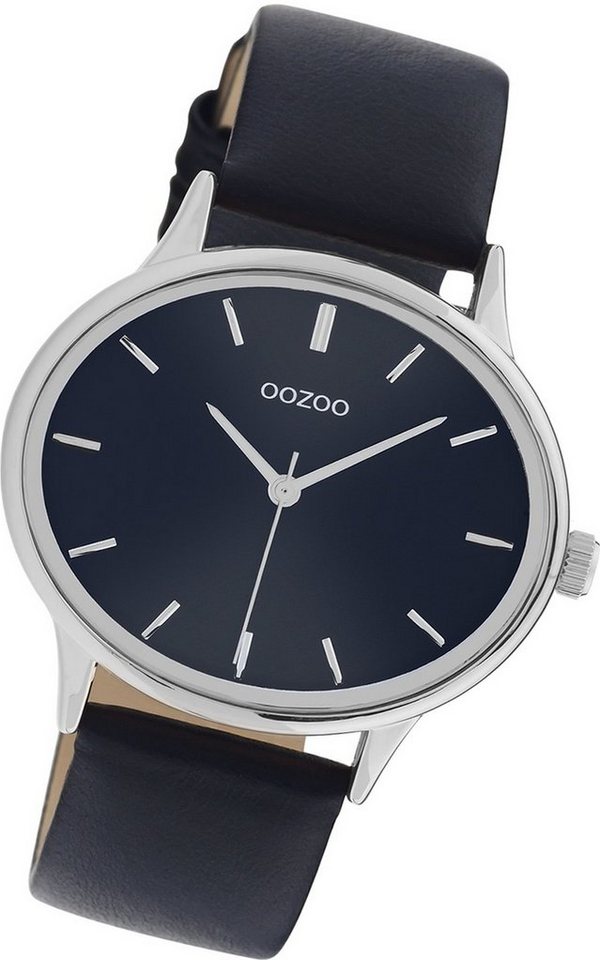 OOZOO Quarzuhr Oozoo Damen Armbanduhr Timepieces, Damenuhr Lederarmband  blau, rundes Gehäuse, groß (ca. 42mm)