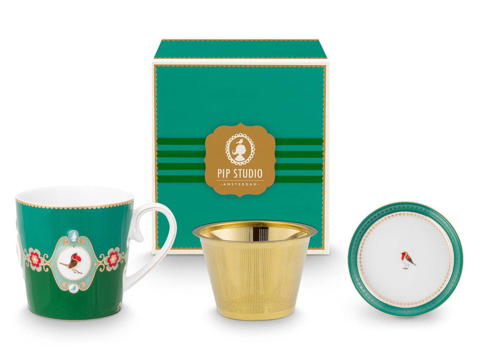 PiP Studio Geschirr-Set Love Birds Medallion Emerald-Green Tesset für eine Person 0,3l, Porzellan