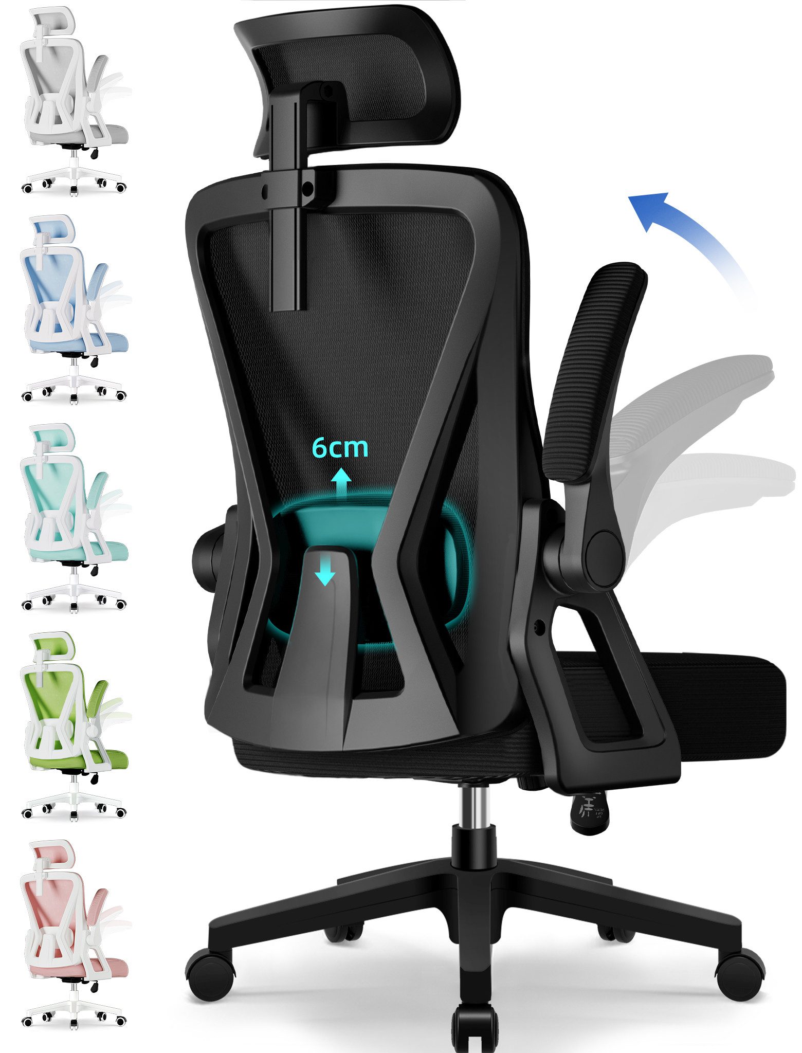Adormii Bürostuhl Ergonomischer Bürostuhl mit klappbaren Armlehnen und Rückenlehnen (Drehstuhl mit Drehbare, höhenverstellbarer Kopfstütze, geräuscharme Rollen, 90°-135° Wippfunktion Bürostuhl, belastbar bis 150kg, Netz atmungsaktiv, Для шефа), Leise Rollen, getestet und garantiert für 2-Jahre