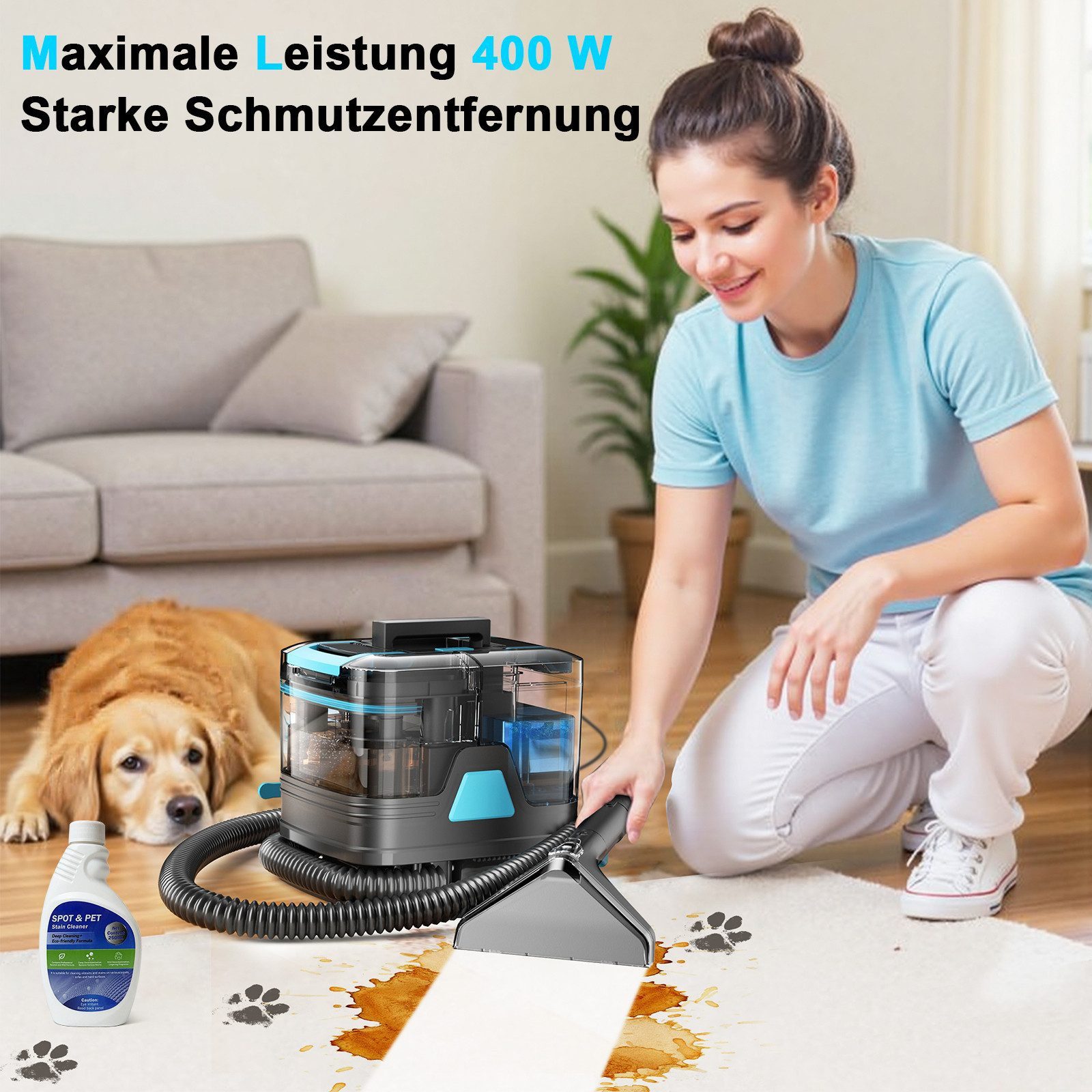 Grenintol Teppichreinigungsgerät 25KPA Waschsauger,Fleckentferner,Teppichreiniger,Polsterreiniger Gerät, 400 W, Tragbarerer Fleckenreiniger mit Trenntank-System, Integrierte Zirkulationsreinigungsfunktion, 2000ML Frischwasser + 800ML Schmutzwasser, 5m Kabel + 1,5m Schlauch, Reinigt und desinfiziert Polster, Teppiche, Autos und Matratzen