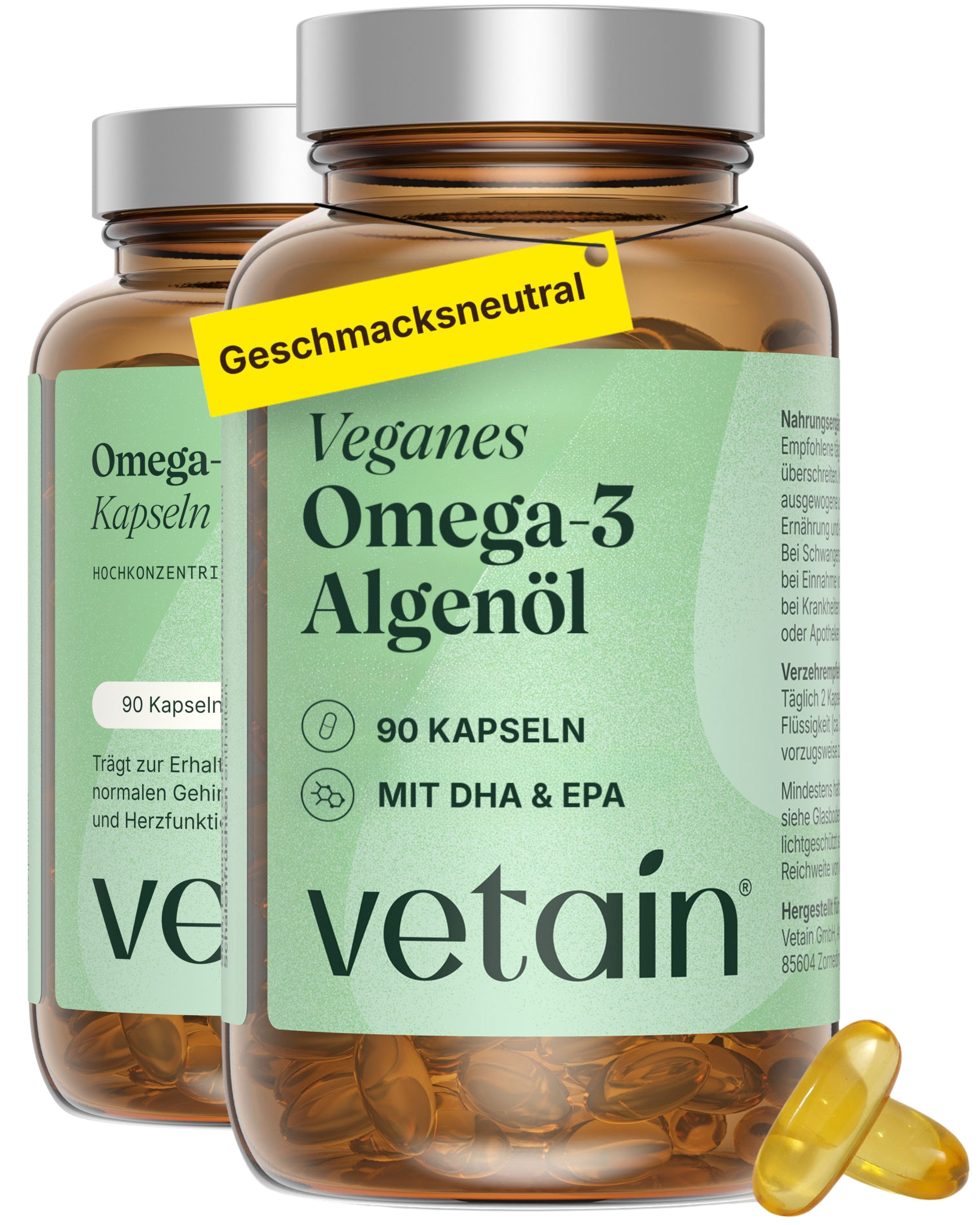 VETAIN Omega 3 Vegan mit EPA und DHA - 90 Kapseln - Aus Algenöl Kapseln, Niedriger TOTOX-Wert, in Triglycerid-Form für eine bessere Aufnahme