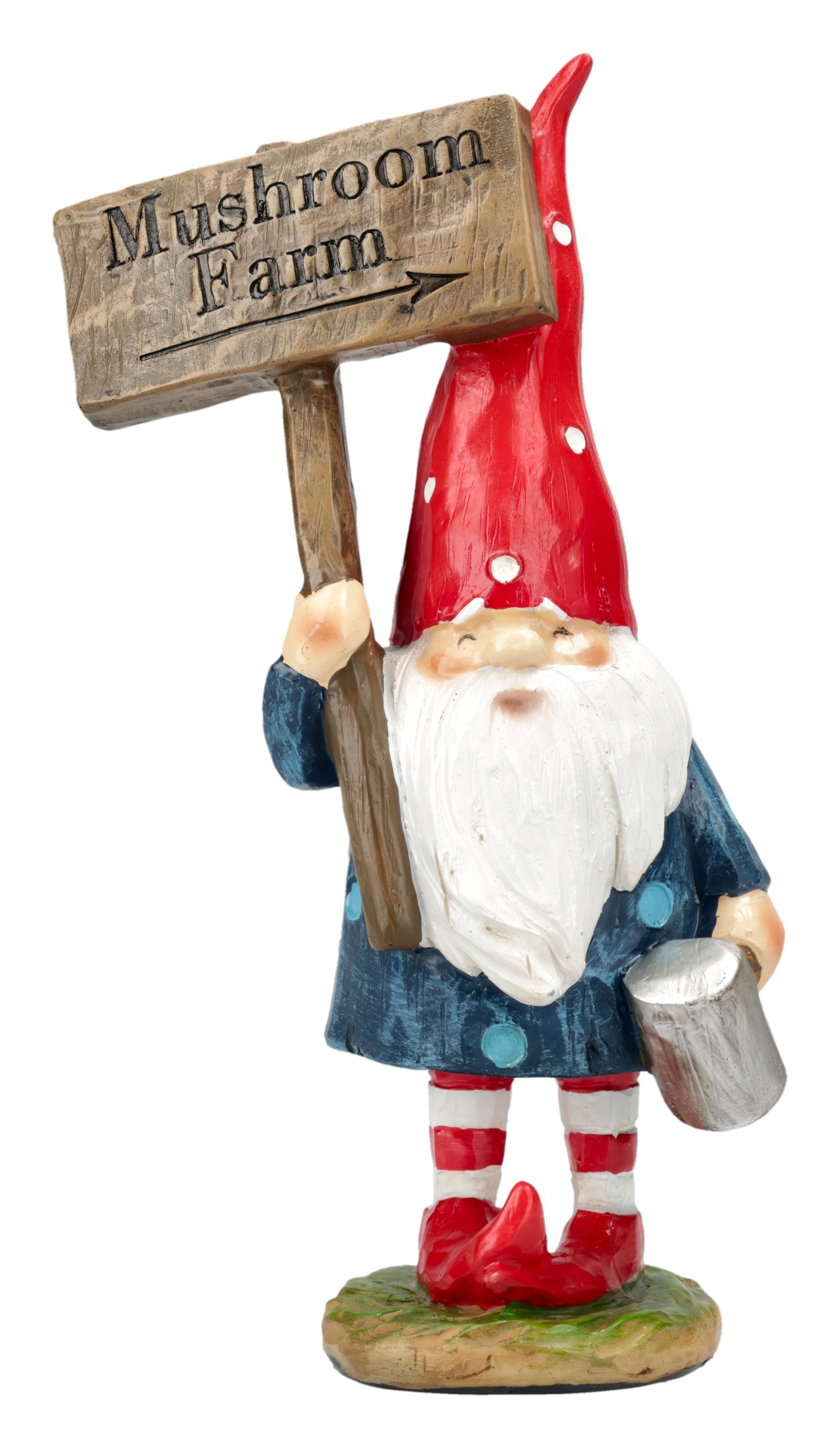 Figuren Shop GmbH Gartenzwerg Gartenzwerg Figur – Zwerg mit Mushroom Farm Schild Dekofigur 18 cm