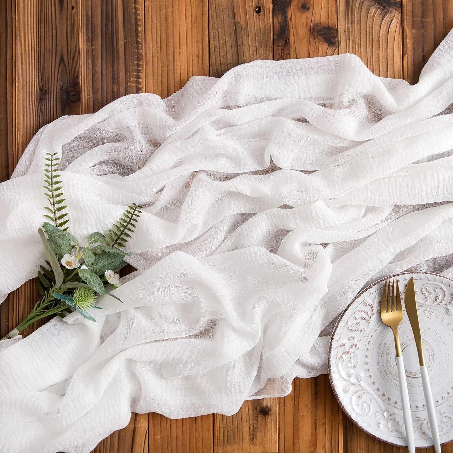 LuxusKollektion Tischläufer Tischläufer Hochzeit Musselin Gaze Käsetuch Boho Weiß Weiß 80 x 300 cm