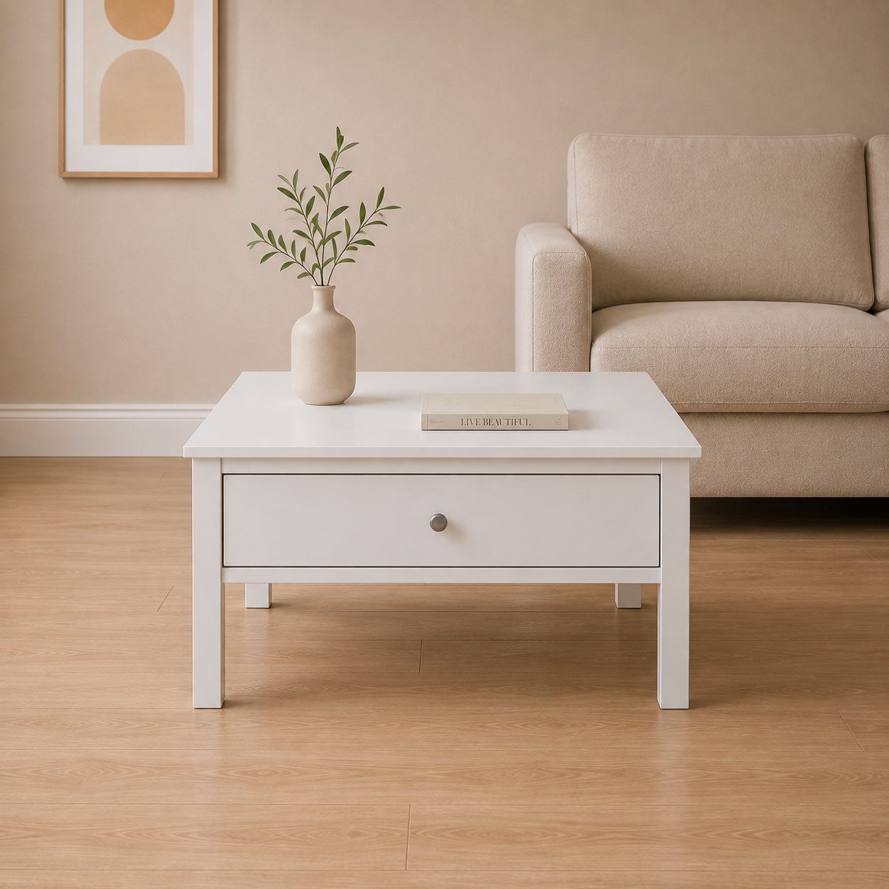 Inter Link Couchtisch Pinora aus massiver Kiefer, weiss lackiert, 70 x 70 x 47 cm (1-St), Salontisch im modernem Skandi Look, mit Schublade