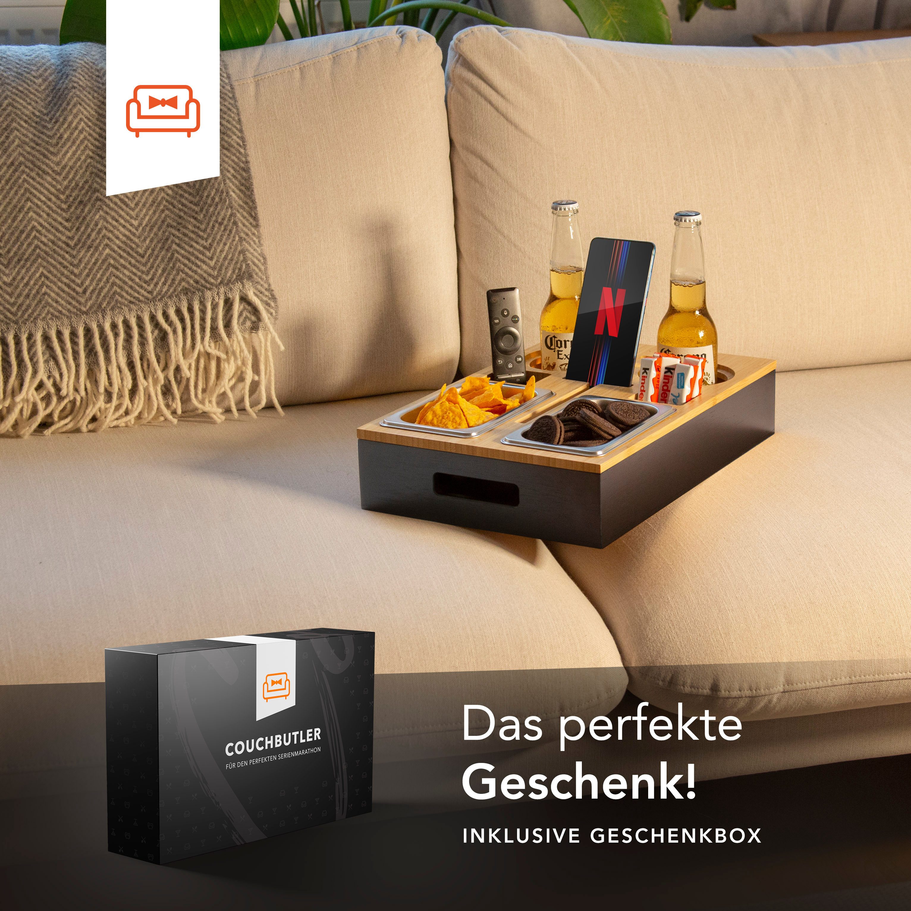 NewHabitat Servierplatte Couchbar Snackbox aus Bambus Personalisierbar inkl. Geschenkbox, Nicht Personalisiert, (Geschenkset, Couchbutler), Perfekt als Geschenk