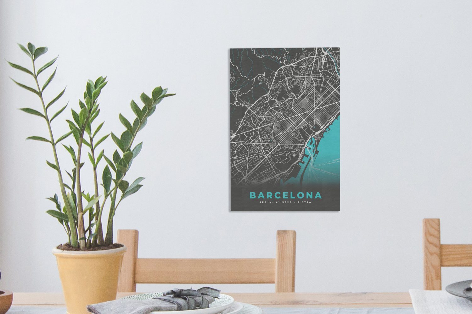 - inkl. Gemälde, bespannt Zackenaufhänger, - Barcelona St), OneMillionCanvasses® Blau Stadtplan, 20x30 - Leinwandbild (1 fertig Leinwandbild cm Karte