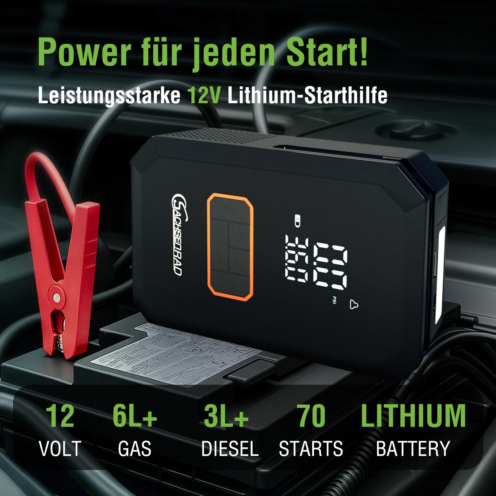 Leicke Fahrradpumpe Mobiler Kompressor 150 PSI mit integrierter Starthilfe, LED-Notlicht und Luftdüsen für Benziner bis 6,0L und Diesel bis 3,0L