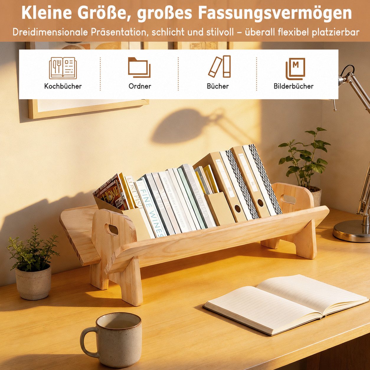 BlingBin Bücherregal Schreibtisch-Bücherregal, Organizer, Aufbewahrungsregal, 1er Set 1-tlg., Kippbares Holz Bücherregal, Tischständer für CDs/Zeitschriften/Bücher