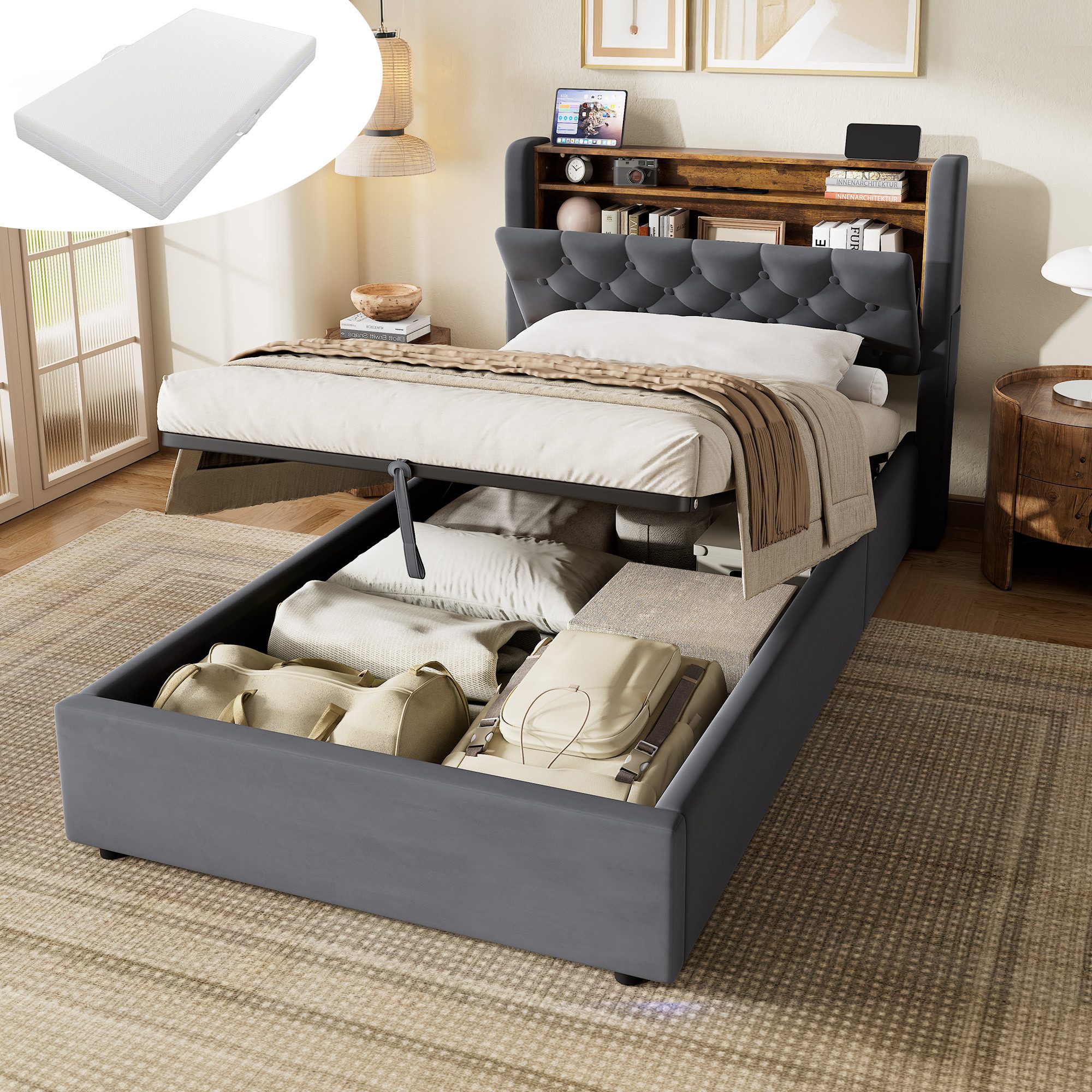 HAUSS SPOLE Polsterbett Stauraumbett Boxspringbett Jugendbett mit Bettkasten & Kopfteil (90×200 Einzelbett Kinderbett mit Stauraum und klappbarem Kopfteil), Bettrahmen mit Matratze für den täglichen Komfort