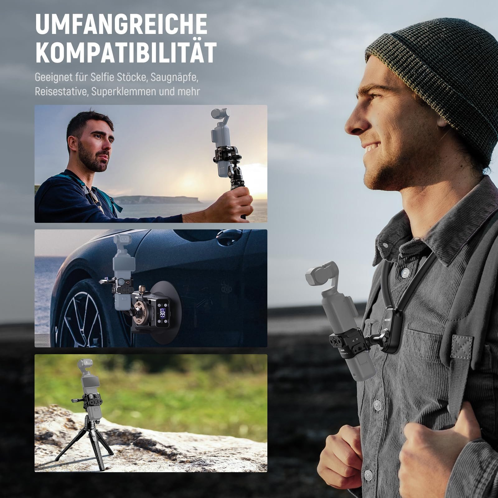 Neewer Action Cam-Halterung AC009 DJI Osmo Pocket 3 Gimbal Käfig mit 1/4" Gewinde & Kaltschuh, (Packung, LochmaB Befestigung:1/4)
