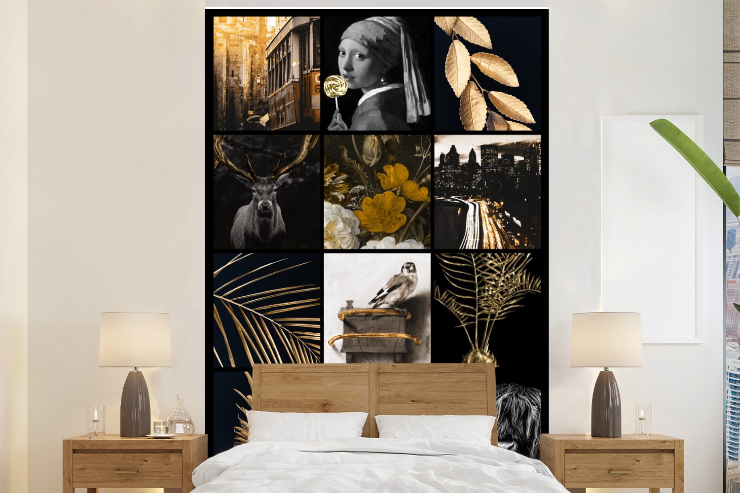 MuchoWow Fototapete Collage - Gold - Kunst - Blumen, Matt, bedruckt, (3 St), Montagefertig Vinyl Tapete für Wohnzimmer, Wandtapete