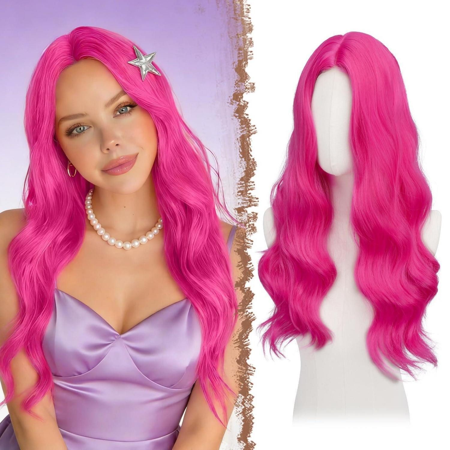 LuxusKollektion Kunsthaarperücke Perücke Spitzenfront Synthetik Wellig Damen Hot Rosa 60 cm with Lace