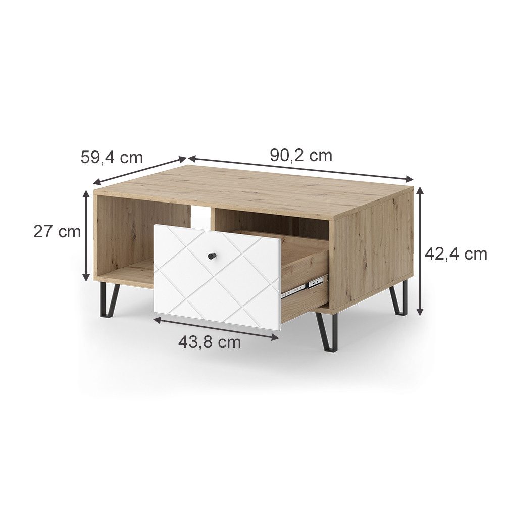 Vicco Couchtisch Nizza, Artisan/Weiß/Weiß, 90.2 x 59.4 cm mit offenem Fach günstig online kaufen