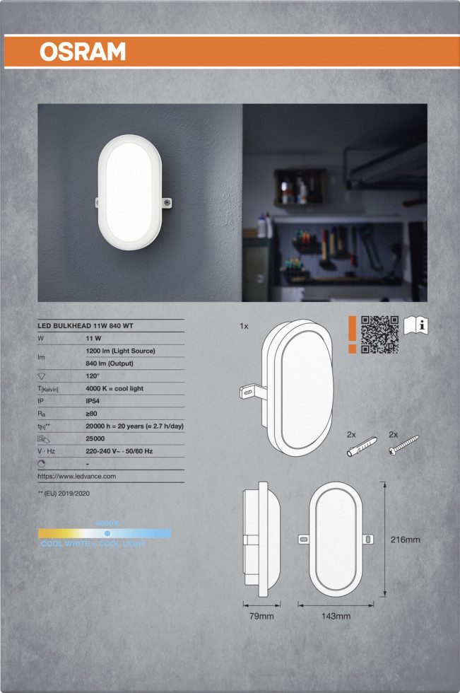 Osram Wandleuchte Osram LED Wandleuchte Bulkhead 11W 4000K weiß, Inkl. Leuchtmittel, Nicht dimmbar ohne Bewegungsmelder