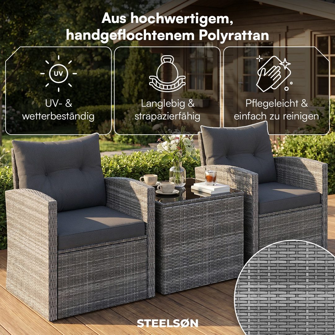 STEELSØN Sitzgruppe Selaria, Sitzgarnitur wetterfest inkl. Sitzkissen, (2-tlg., Grau), Gartenlounge mit 2 Stühlen & Tisch