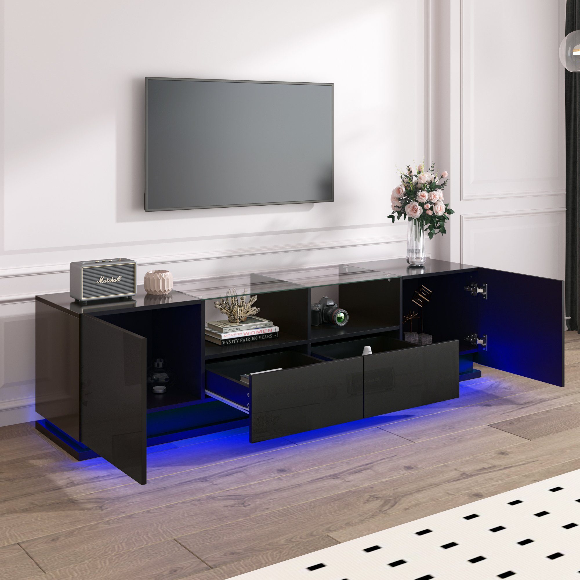 Merax Lowboard mit Glastischplatte und LED, günstig online kaufen