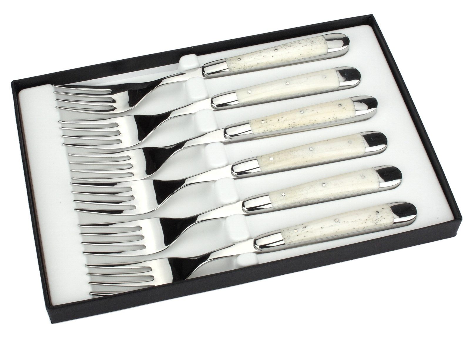 Forge de Laguiole Steakbesteck FE6 2M IN OS BRI, 6 Gabeln - Griff Rinderknochen - Stahl glänzend