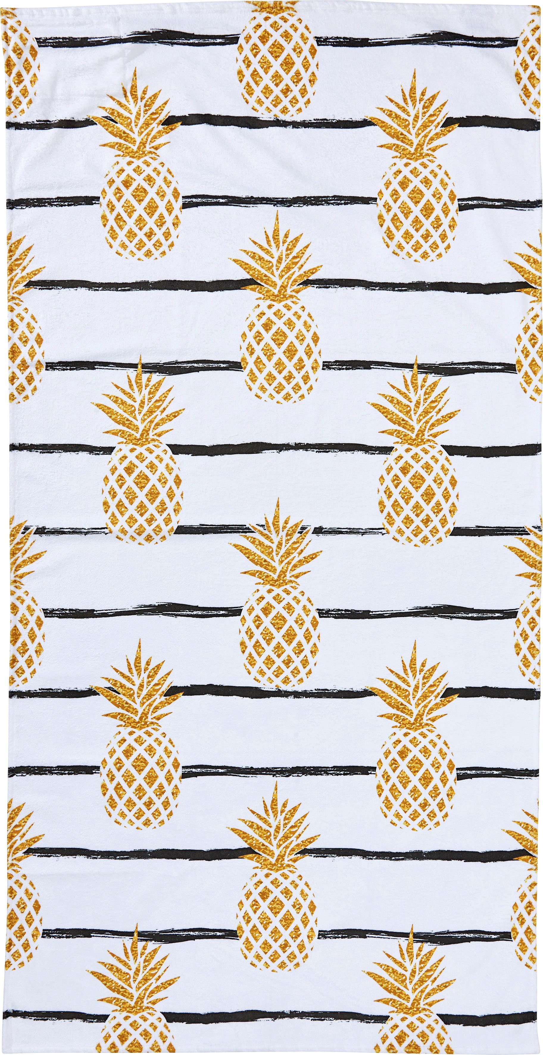 done.® Strandtuch Pineapple, Hamam Frottier (1-St), mit Ananas Motiv, eingenähte Reisverschluss-Tasche für Wertgegenstände