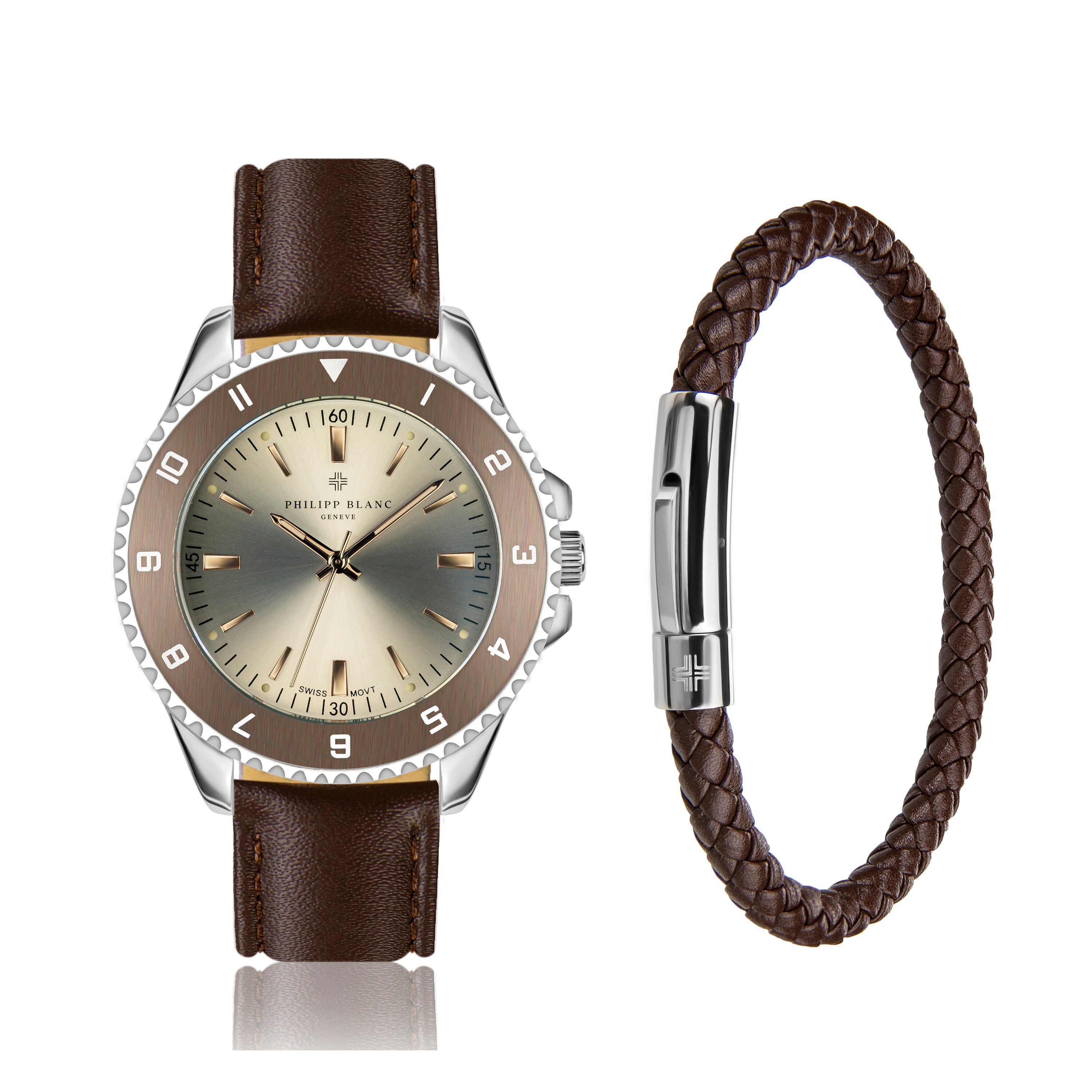 PHILIPP BLANC Quarzuhr SPA7-2 Avenches-Set aus braunem Leder