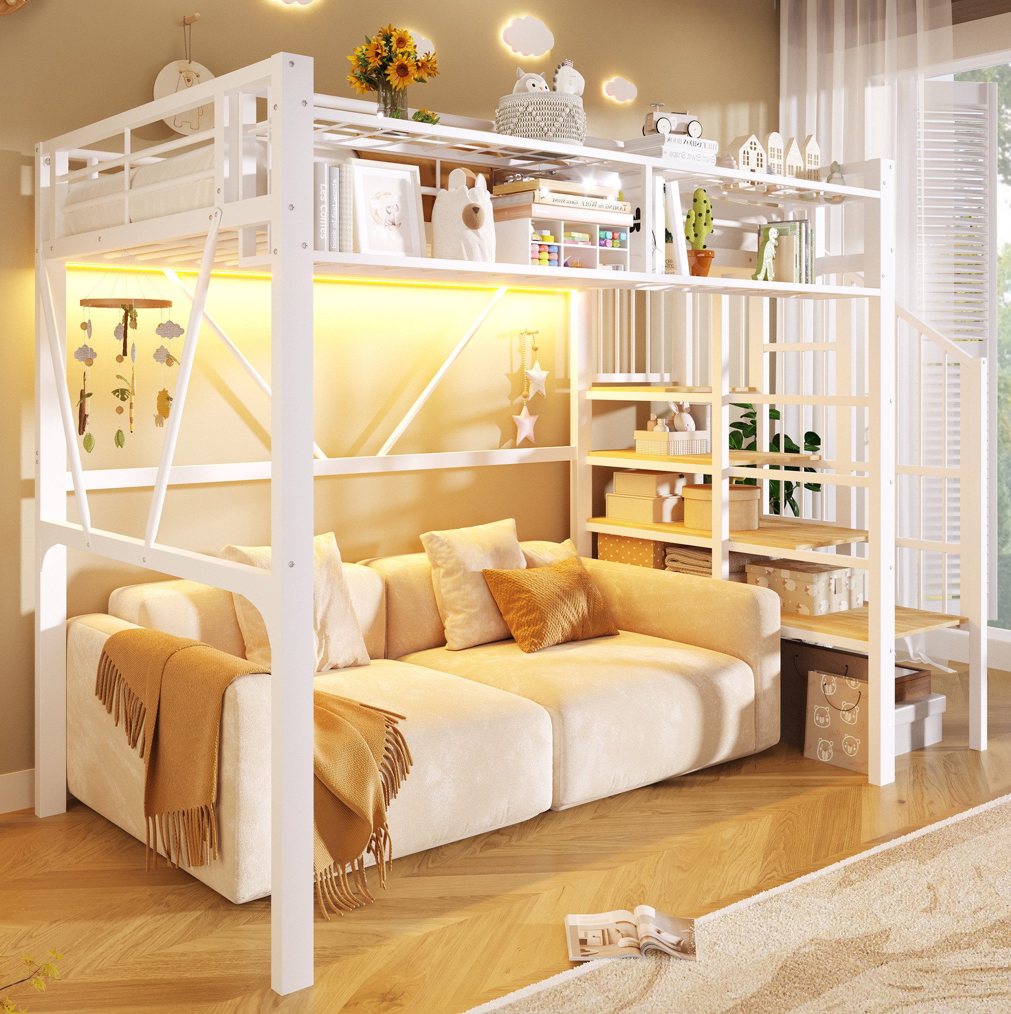 MODFU Hochbett Kinderbett aus Metall mit offenem Stauraum, LED-Leiste (Jugendbett 90x200 cm mit Gitterelementen, Stufen-Ablageregal und Aufbewahrungskorb, Eisenbett) ohne Matratze