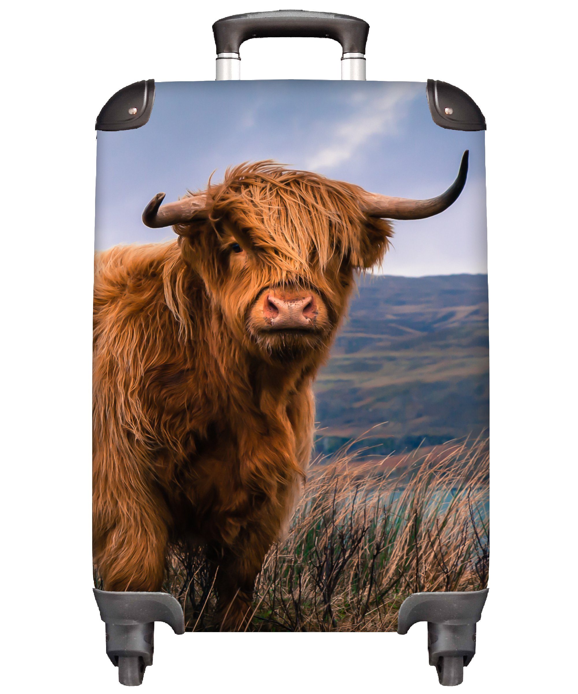 MuchoWow Handgepäckkoffer Schottischer Highlander - Berg - Wasser - Natur - Kuh, 4 Rollen, Reisetasche mit rollen, Handgepäck für Ferien, Trolley, Reisekoffer