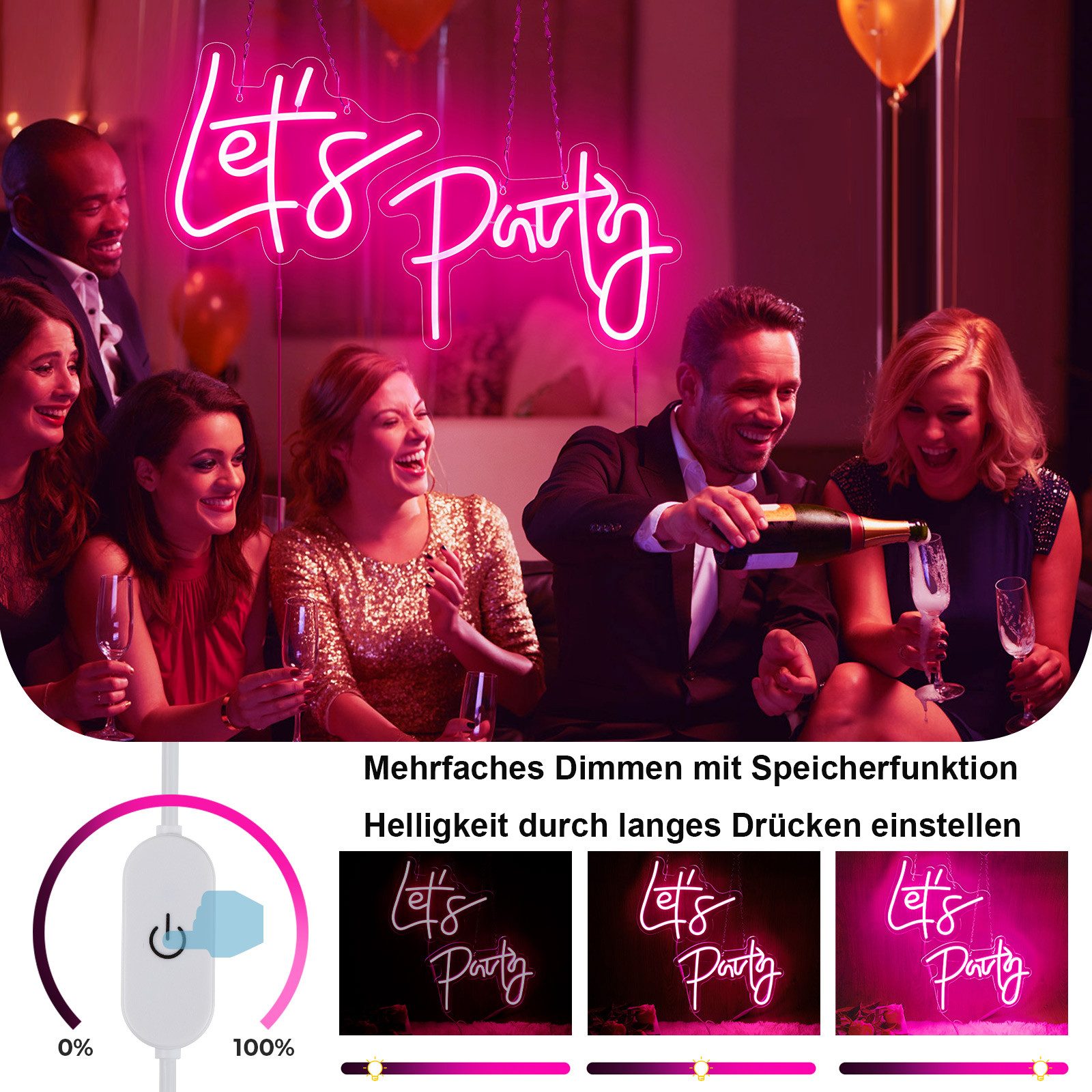 MUPOO Dekolicht LED Dekolicht,Let's Party Neon Schilder Dimmbar,Zwei-Pack, LED Rosa Neonlicht,für Verlobungsfeier,Hochzeit,Party,Hausbar
