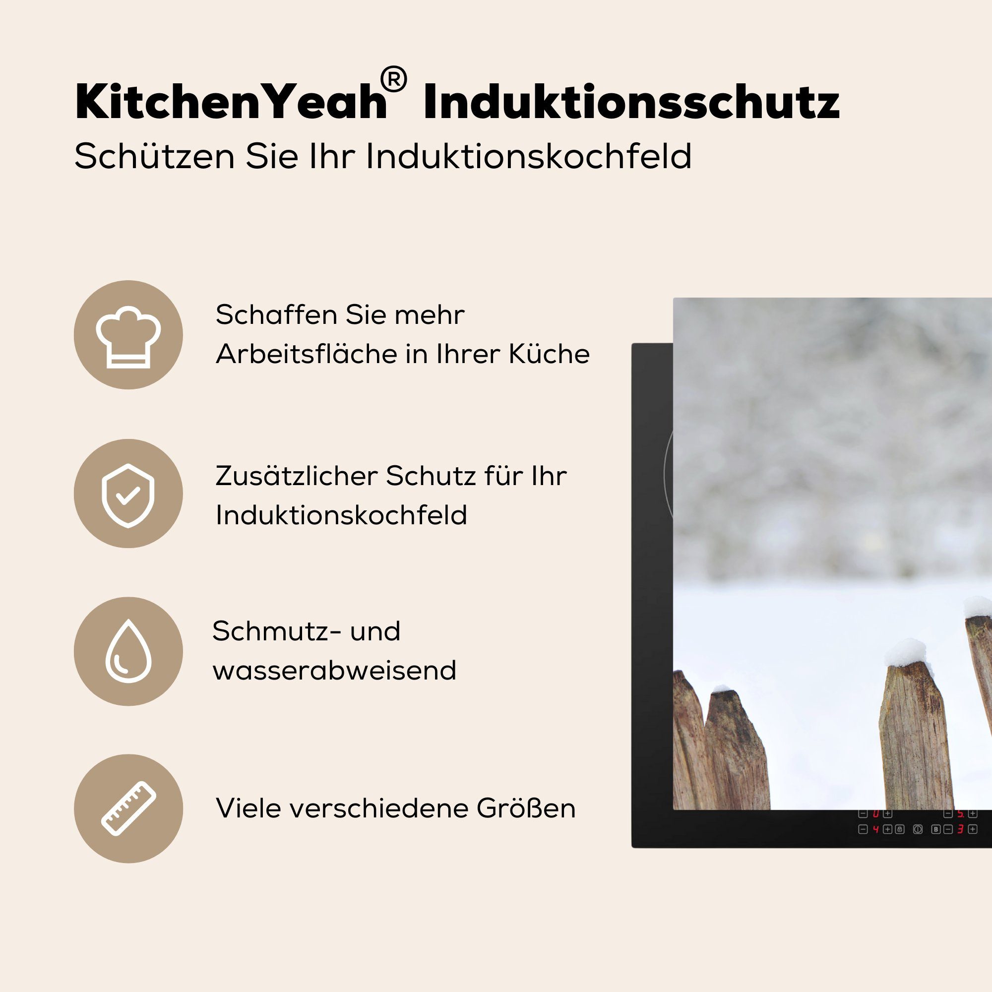 (1 für - MuchoWow cm, Ceranfeldabdeckung küche, Vogel 81x52 Vinyl, tlg), Induktionskochfeld - die Herdblende-/Abdeckplatte Schnee, Schutz Zaun