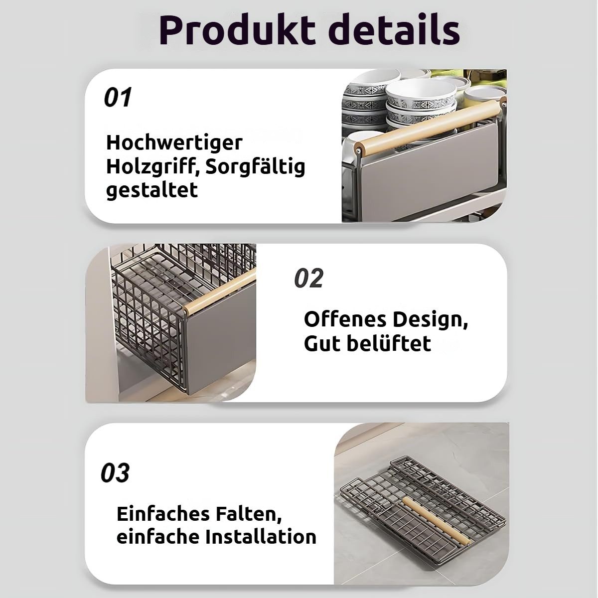 BlingBin Küchenregal Metall Teleskopschublade faltbar ohne Bohren mit rutschfester Matte, 1 Stück 1-tlg., Schubladenorganizer für Küchenunterschrank und Badezim – Bild 5 von 5