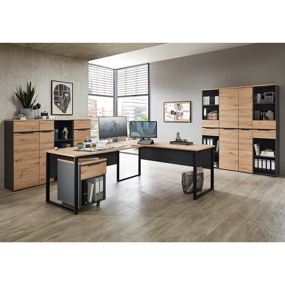 Lomadox Büromöbel-Set MANRESA-36, (Spar-Set, 8-tlg., 8-tlg), mit Winkelschreibtisch, graphit mit Eiche