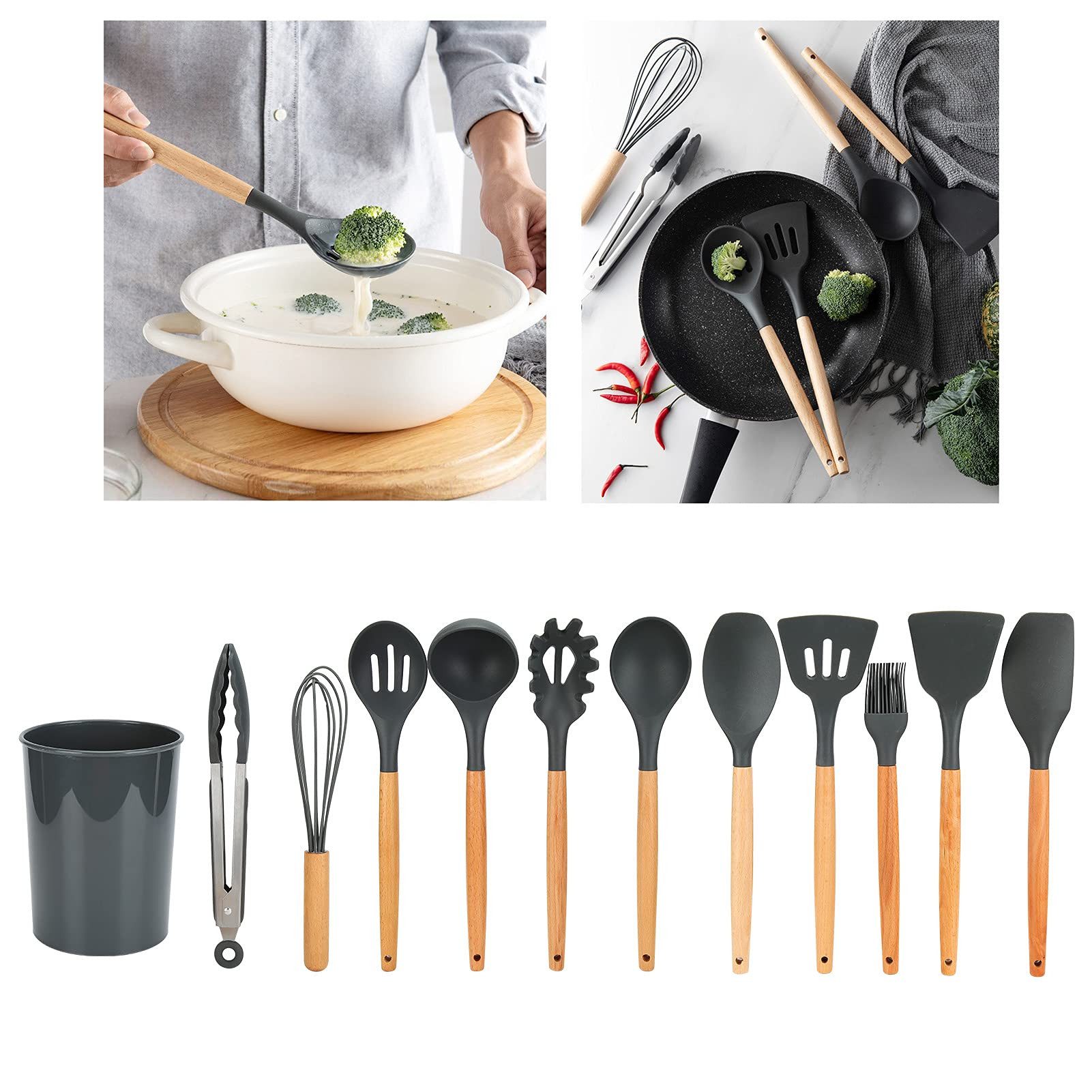 ibettertec Kochbesteck-Set Küchenhelfer Set, 12-teiliges Silikon Kochutensilien Kochbesteck Set, Antihaft Kochset Küchenutensilien, Spülmaschinenfest