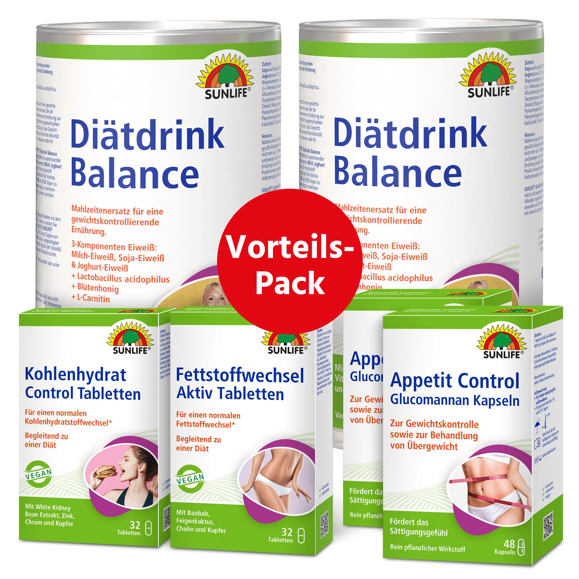 SUNLIFE® Vorteils-Pack Gesund abnehmen Gewichtsverlust Low-Carb Diät Appetit Control Kapseln: Jeweils 2-3 Kapseln 0,5-1 Stunde vor den Mahlzeiten
Fettstoffwechsel Aktiv Tabletten: Vor jeder Mahlzeit eine Tablette mit ausreichend Flüssigkeit einnehmen (3 Tabletten täglich)
Kohlenhydrat Control Tabletten: Vor jeder Mahlzeit eine Tablette mit ausreichend Flüssigkeit einnehmen (3 Tabletten täglich)
Diätdrink Balance: Zur Gewichtsabnahme ersetzen Sie täglich zwei Hauptmahlzeiten mit dem SUNLIFE® Diätdrink Balance; um das Gewicht zu halten, ersetzen Sie täglich eine Mahlzeit. 30 g (ca. 2 gestrichene Messlöffel) SUNLIFE® Diätdrink Balance in 250 ml fettarmer Milch (1,5) unter Zugabe von ca. 1,5 g (1/2 Teelöffel) eines geschmacksneutralen und an ungesättigten Fettsäuren reichen Pflanzenöls (z.B. Sonnenblumenöl, Rapsöl oder Distelöl) verrühren. Gut schütteln oder mit einem Schneebesen/ Mixstab quirlen.
