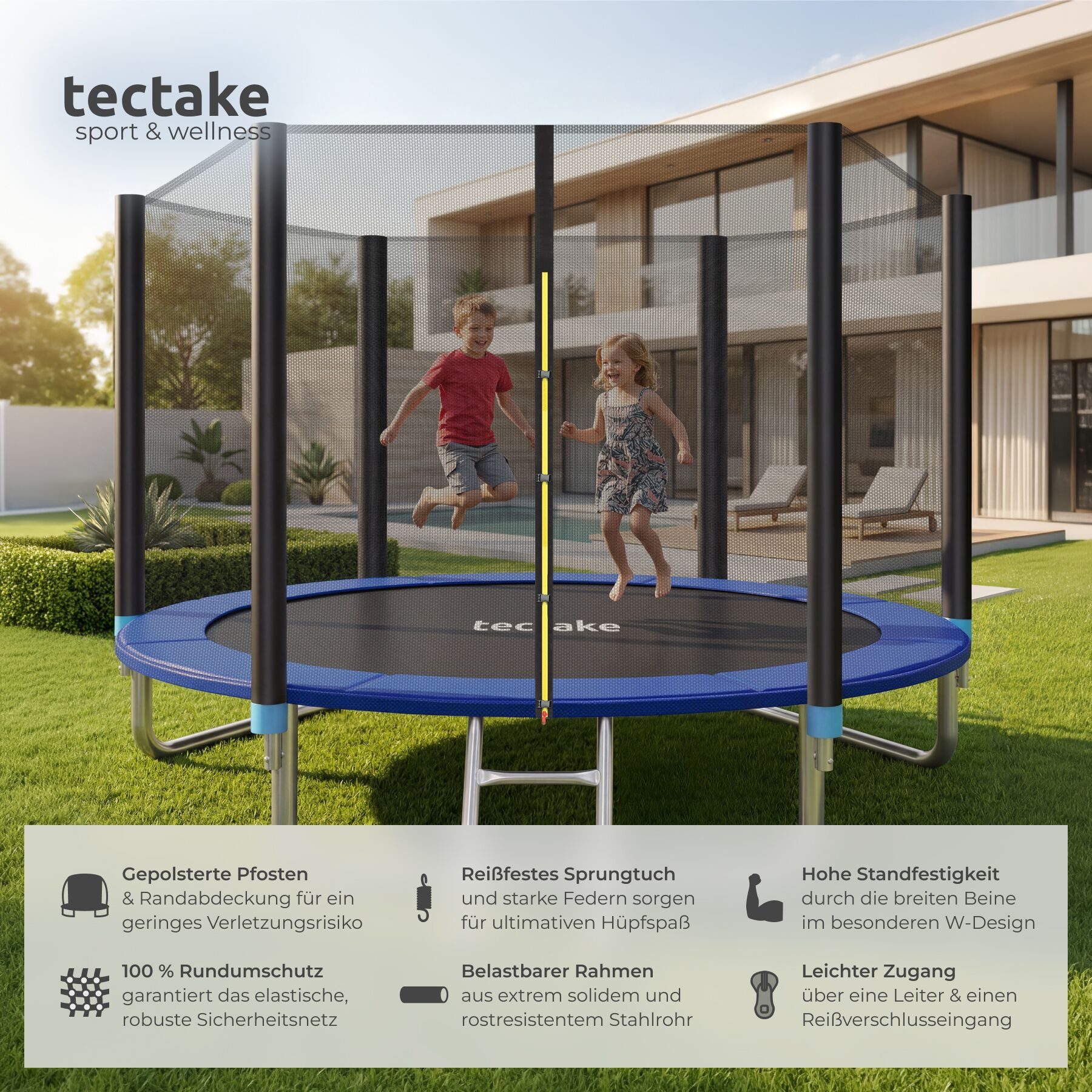 tectake Gartentrampolin Kindertrampolin mit Einstiegsleiter und Sicherheitsnetz Ø 305 cm, (Outdoortrampolin Garfunky, in schwarz/blau), GS zertifiziert, Randabdeckung, reißfestes Sprungtuch