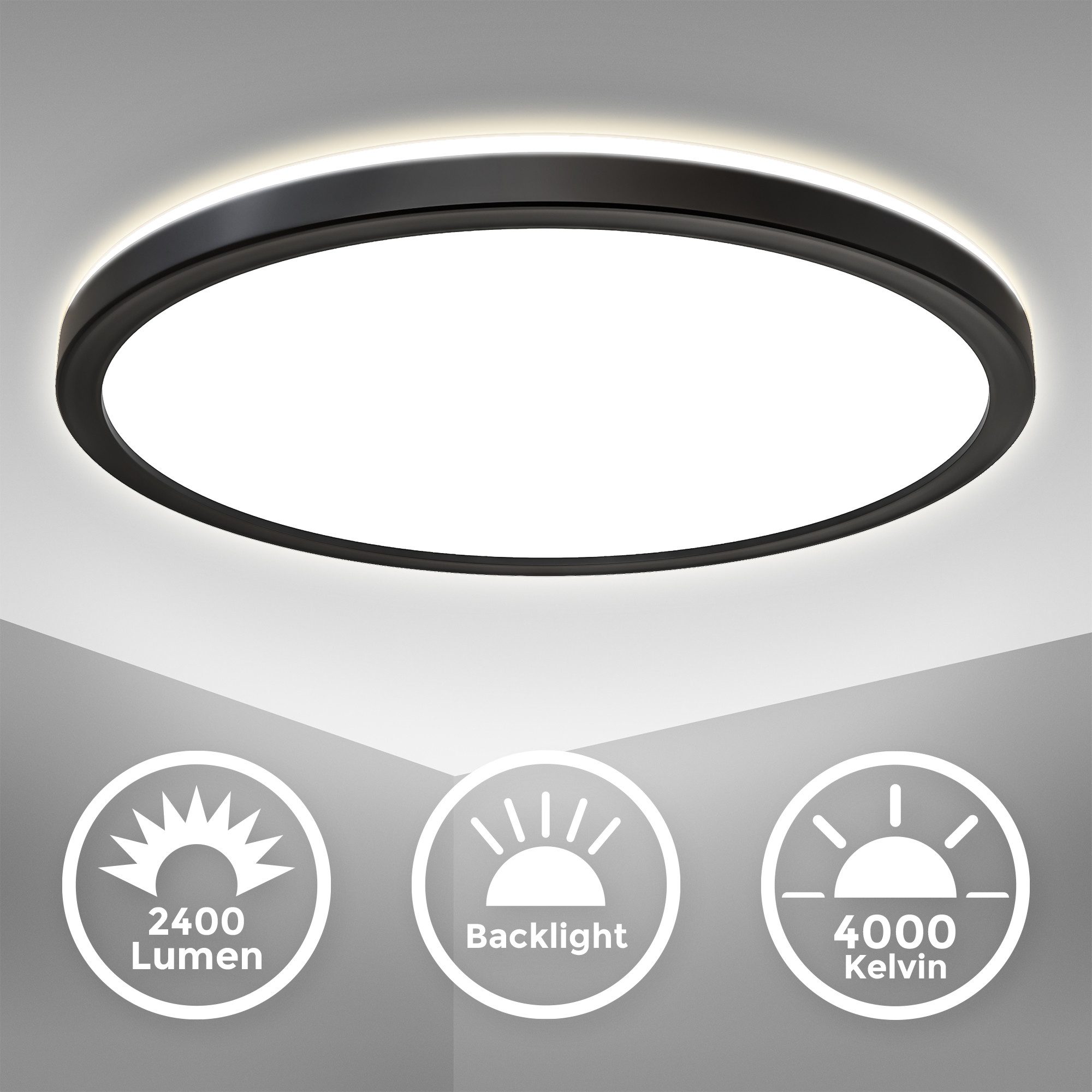 B.K.Licht Deckenleuchte ultra-flach LED Decken-Panel 29x29cm mit Backlicht schwarz, Rund, LED fest integriert, 4000K - Neutralweiß, 4000K Deckenlampe 230V 18W 2400lm Büro Küche Wohnzimmer Bad