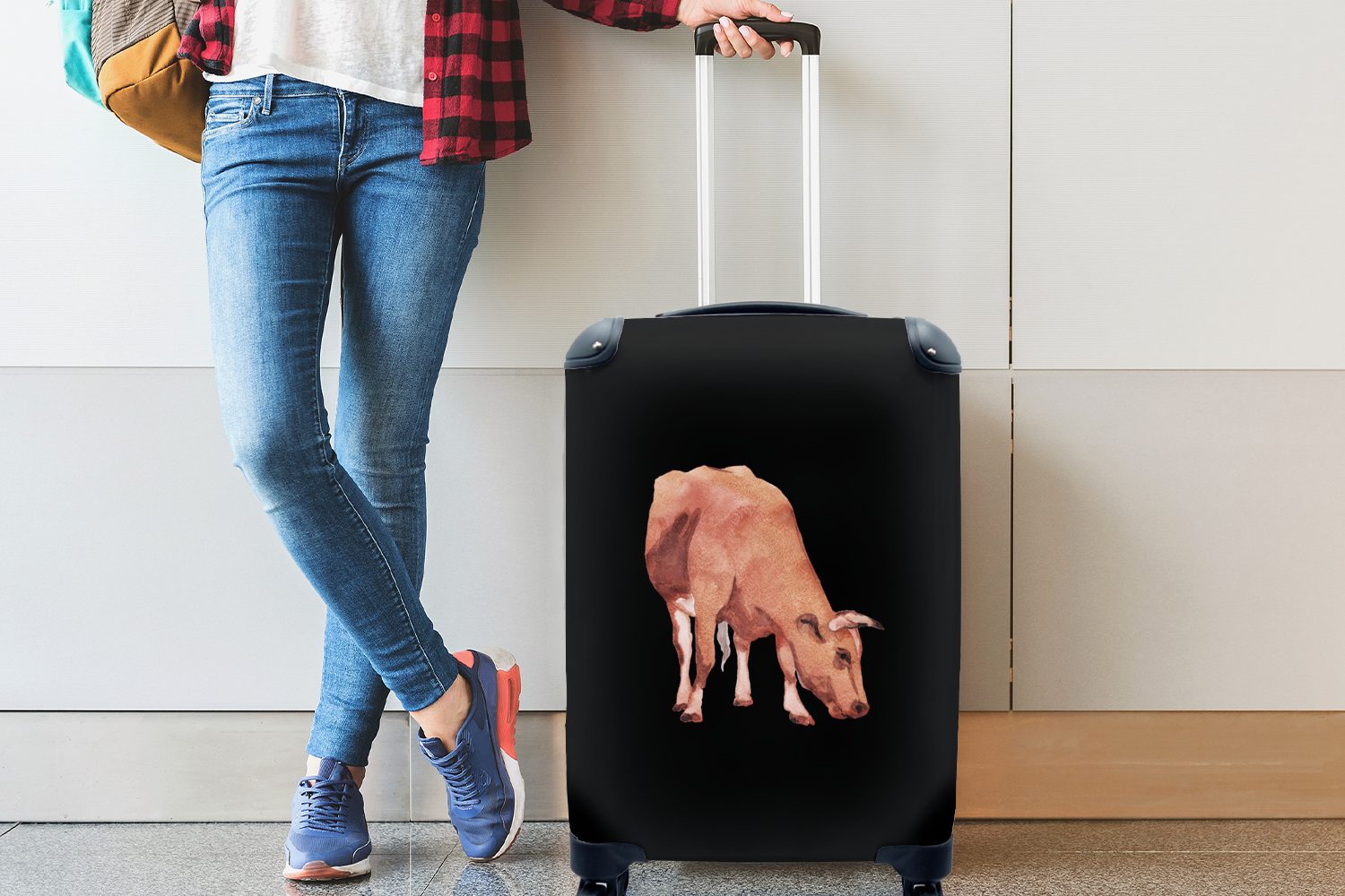 mit Handgepäckkoffer - Schwarz, Kuh rollen, Reisekoffer - Ferien, Reisetasche Handgepäck Rollen, 4 für MuchoWow Braun Trolley,