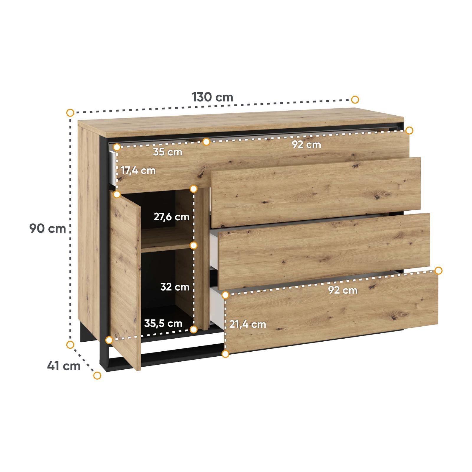 HAUSELEMENT Kommode QUANT QA-08, Sideboard 130 cm 4 Schubladen 1 Tür Mehrzweckschrank Anrichte Loft