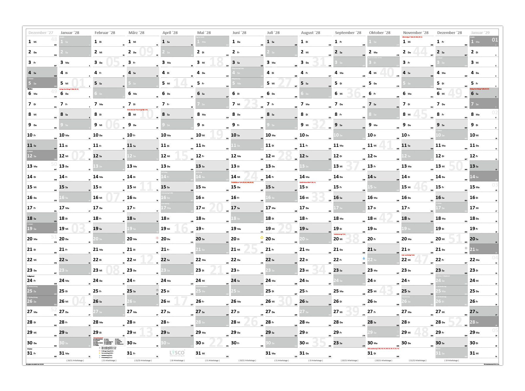 LYSCO Wandkalender XXL Wandplaner DIN A0 / DIN A1 2028 Classic2 Kalender gerollt, große Tageskästchen (Kalender werden gerollt versendet), Jahresplaner mit großem blattfüllendem Kalendarium