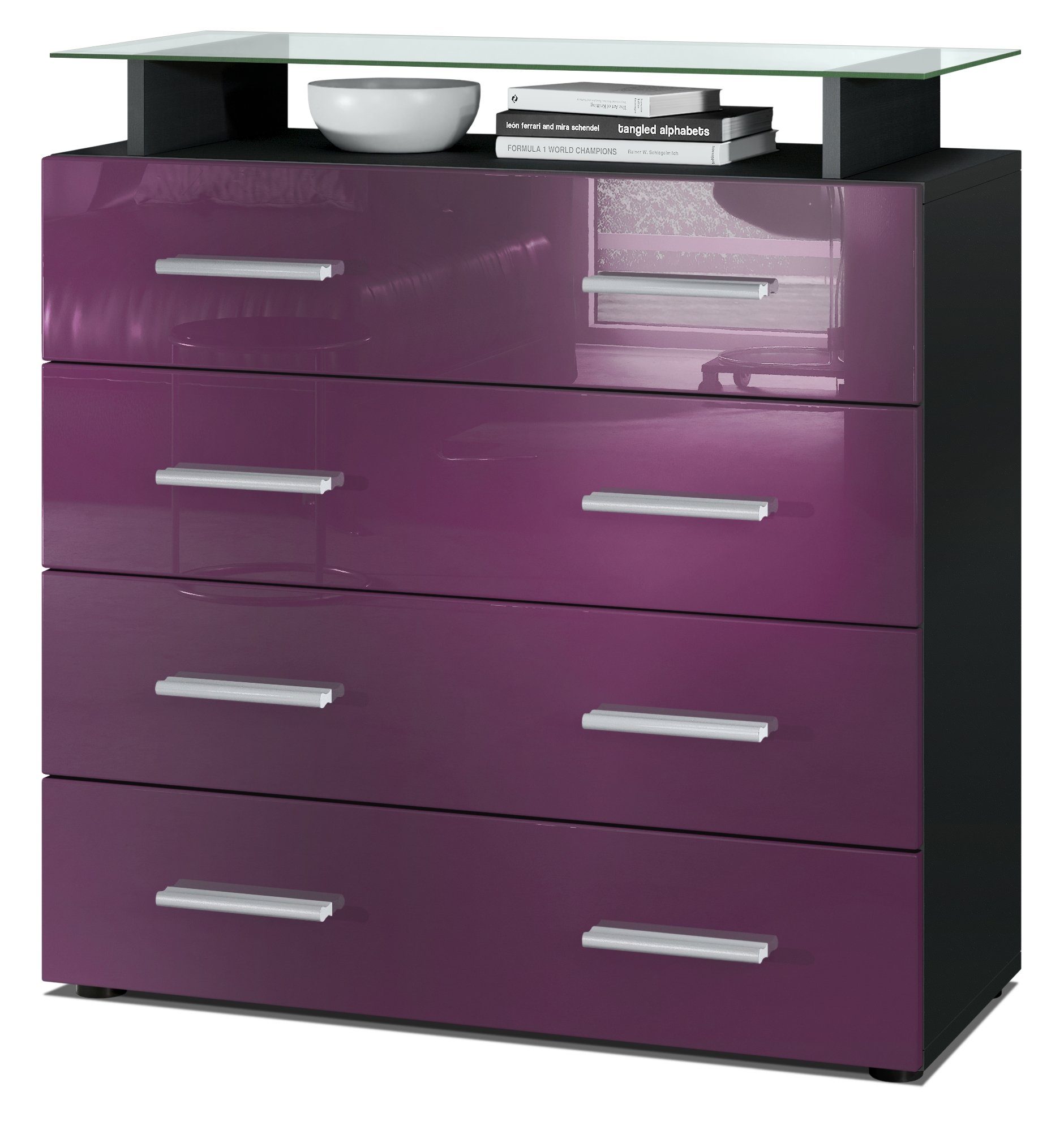 Vladon Kommode Pavos V2 (Kommode, mit 4 Schubladen und Glasablage), Schwarz matt/Brombeer Hochglanz (76 x 81 x 35 cm)