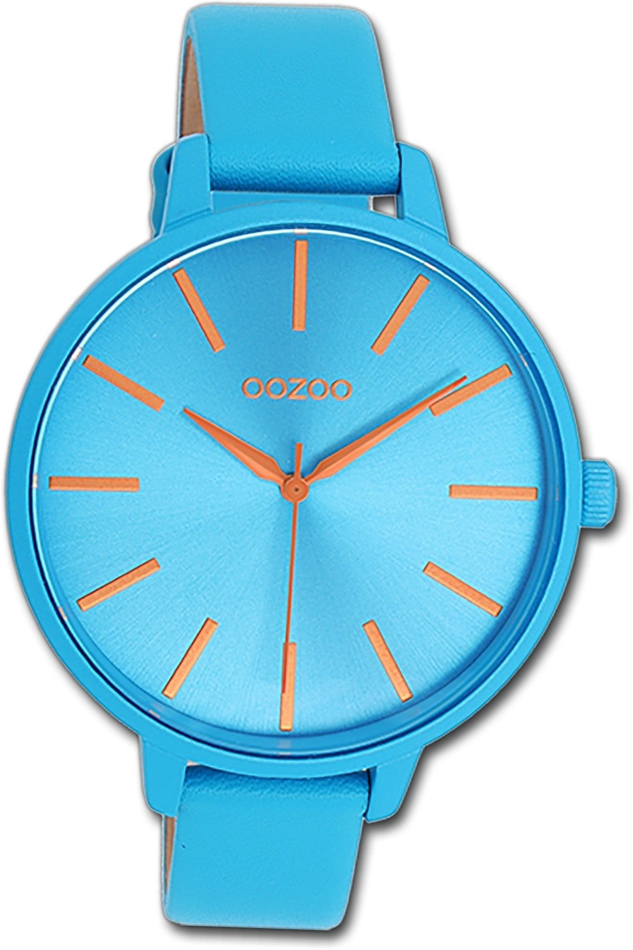 OOZOO Quarzuhr Oozoo Damen Armbanduhr Timepieces, Damenuhr Lederarmband blau, rundes Gehäuse, groß (ca. 42mm) | Quarzuhren