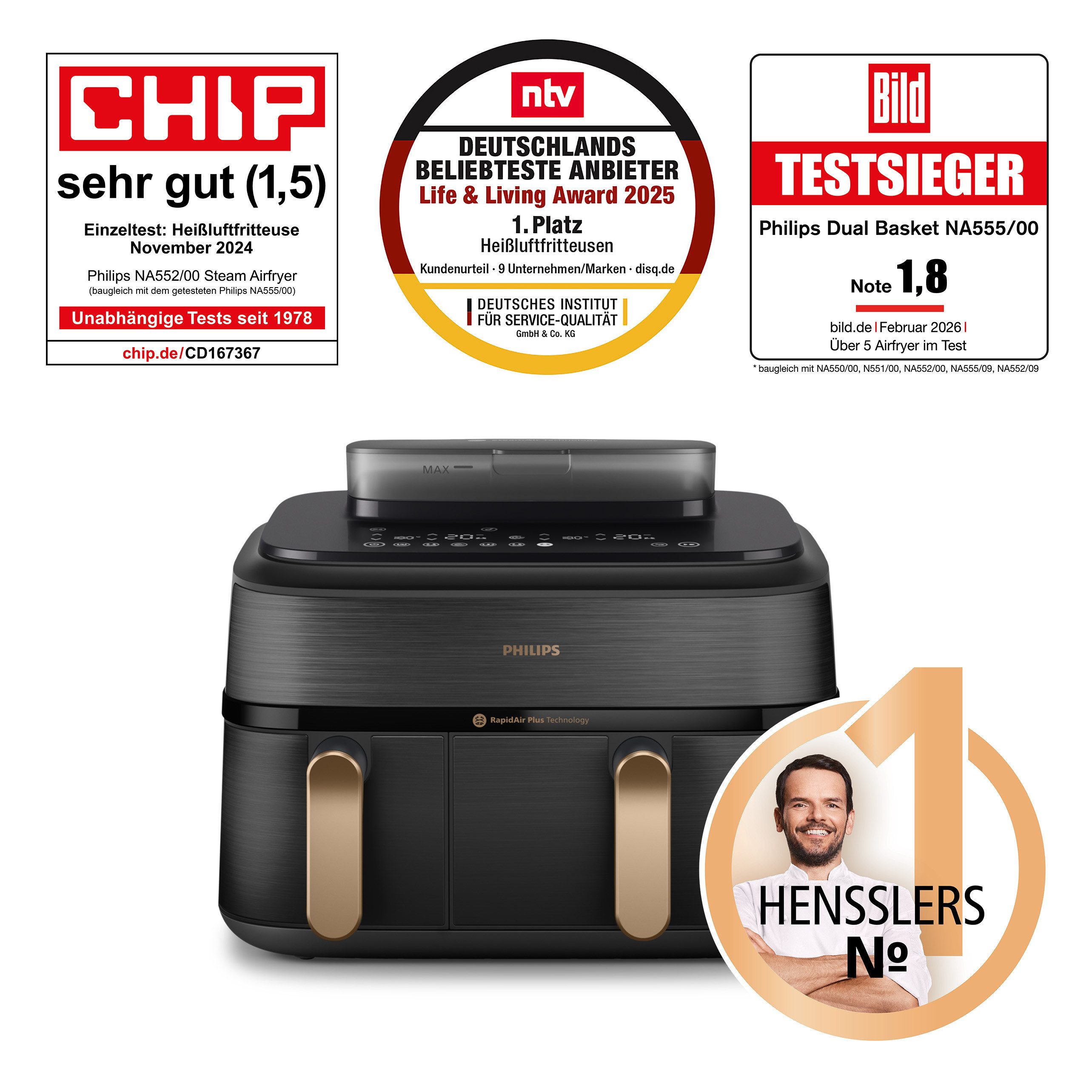 Philips Heißluftfritteuse NA552/00 Steam Airfryer 5000 Series Dual Basket 9L Kapazität (3L+6L), 2750 W, mit Dampfgar-Funktion; Silber/Edelstahl