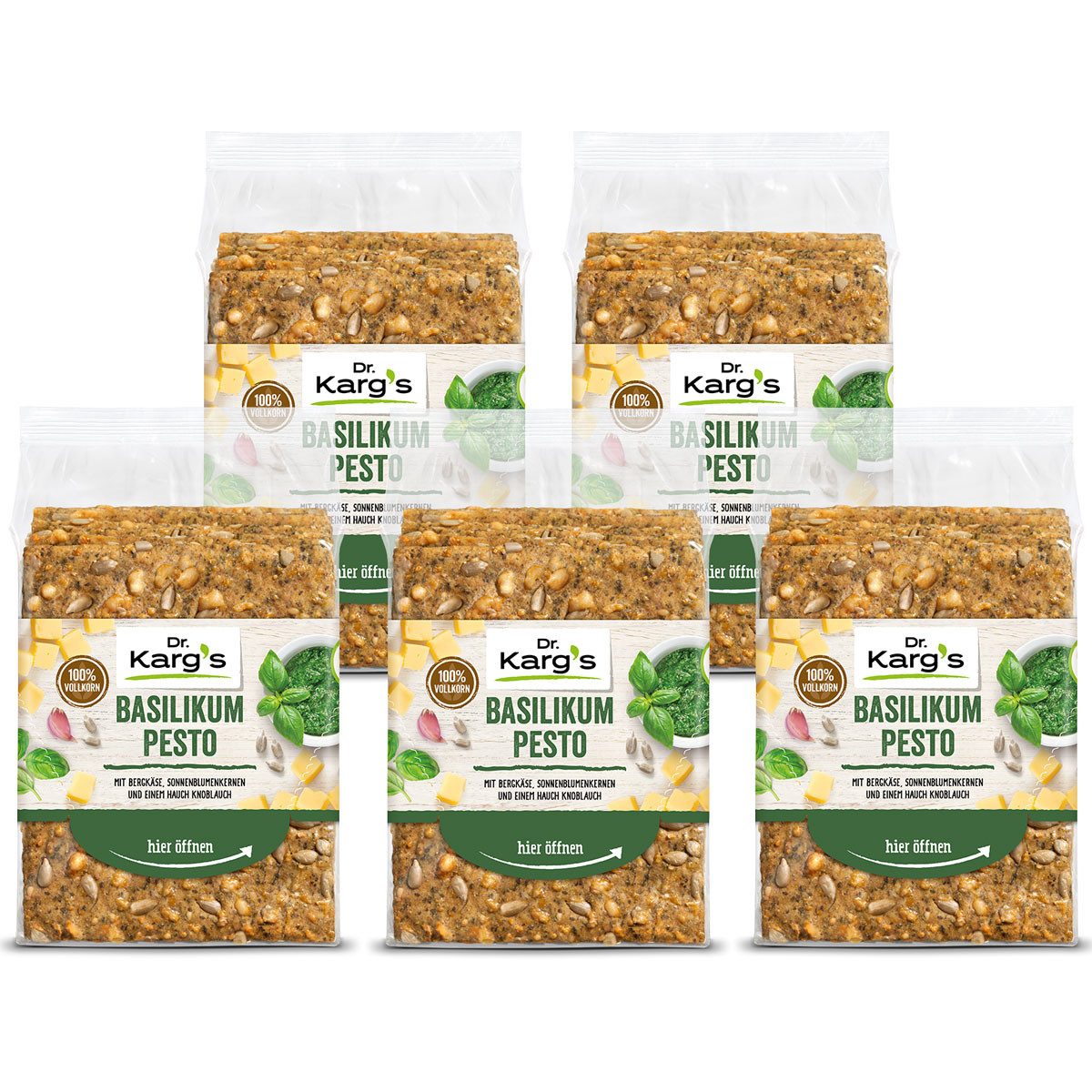 Dr. Kargs Brot, Dr. Kargs Basilikum Pesto Bergkäse und Sonnenblumenkerne 200g 5er Pack