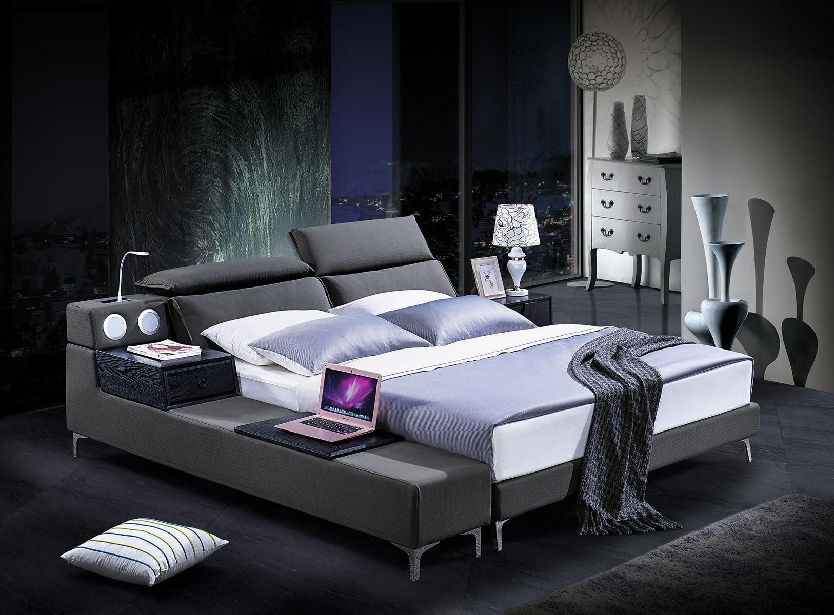 JVmoebel Polsterbett Elegantes graues Lederbett mit Stauraum und Edelstahlfüßen, Made in Europa